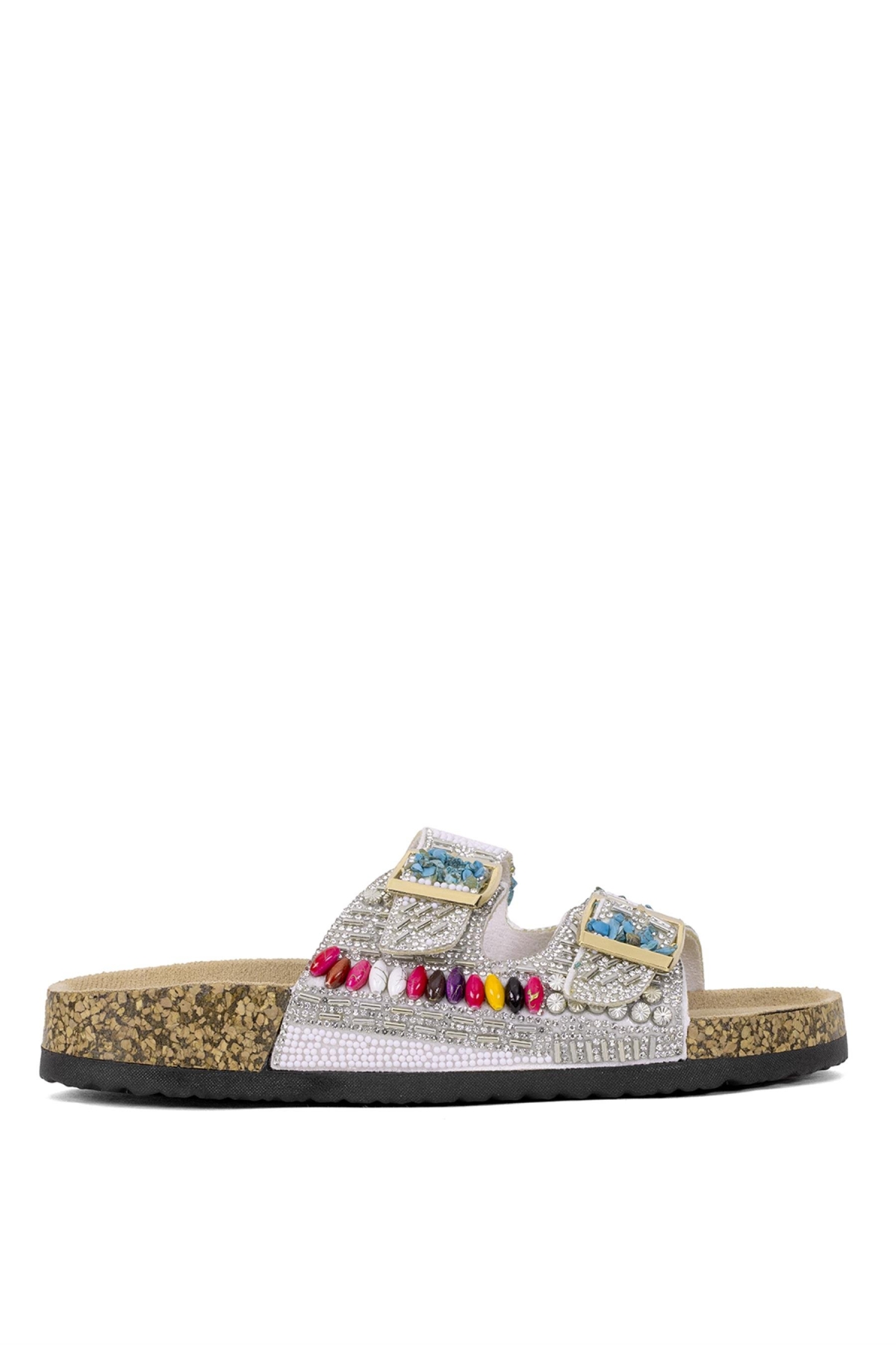 25Y102-2 Kadın Taşlı Düz Terlik Beyaz - Görsel 2