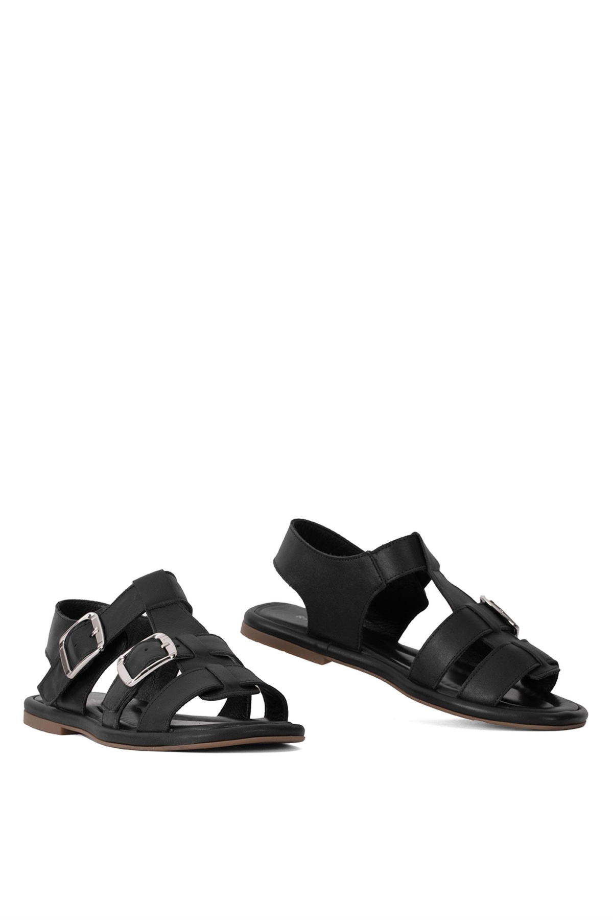 Elit RchR29626 Kadın Hakiki Deri Düz Sandalet Siyah - Görsel 5