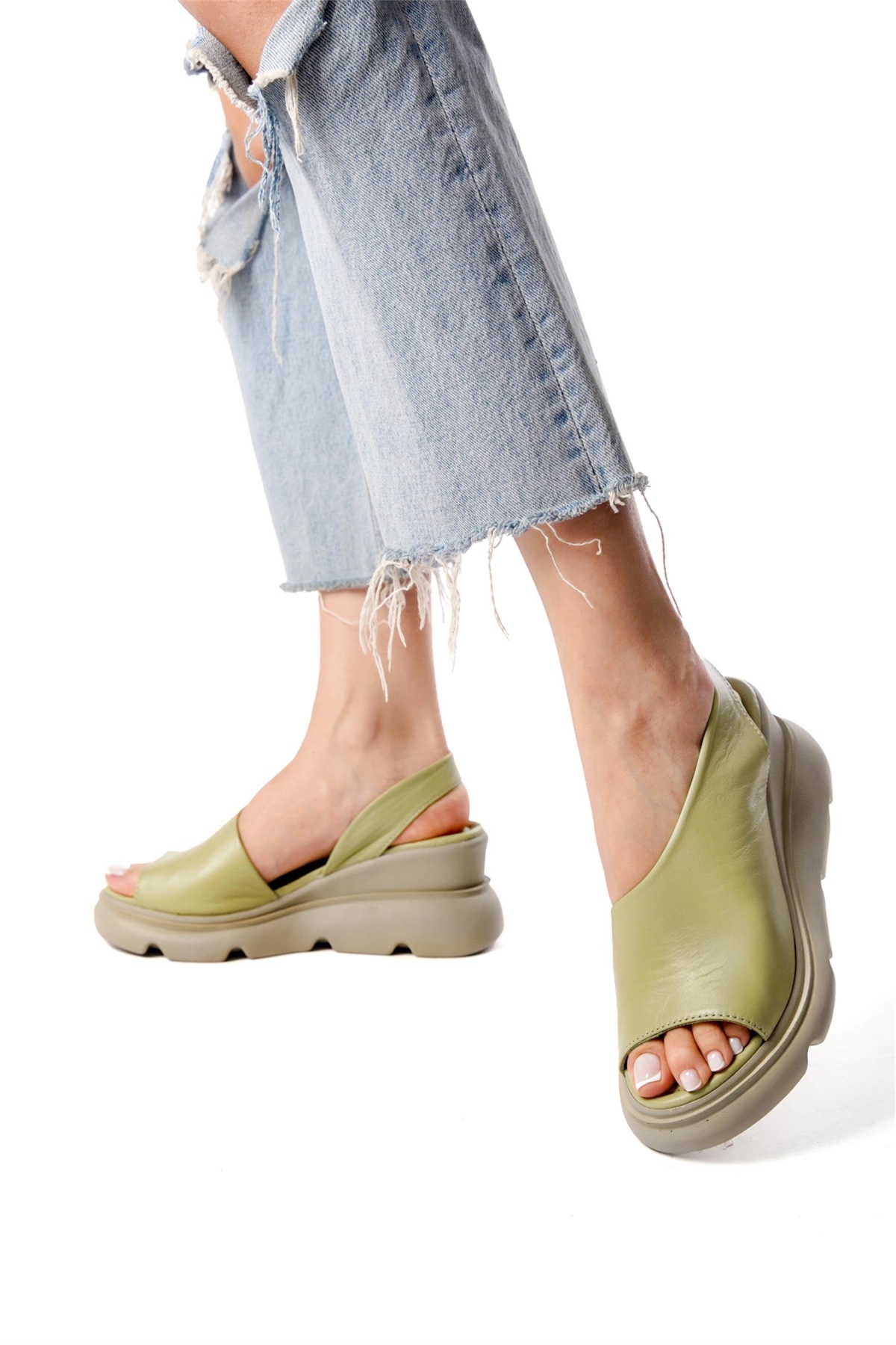 Elit Lyna Kadın Hakiki Deri Dolgu Topuk Sandalet Yeşil - Görsel 2