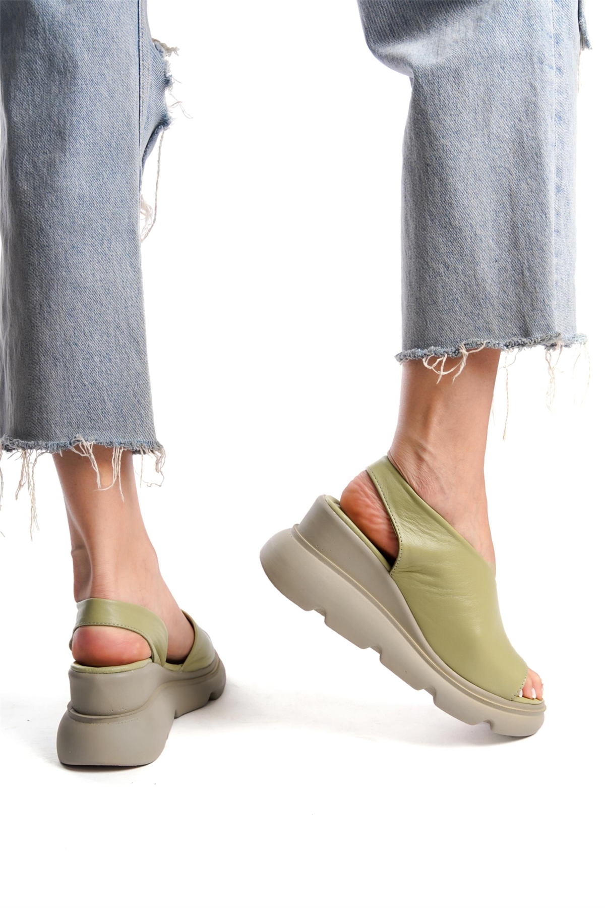 Elit Lyna Kadın Hakiki Deri Dolgu Topuk Sandalet Yeşil - Görsel 3