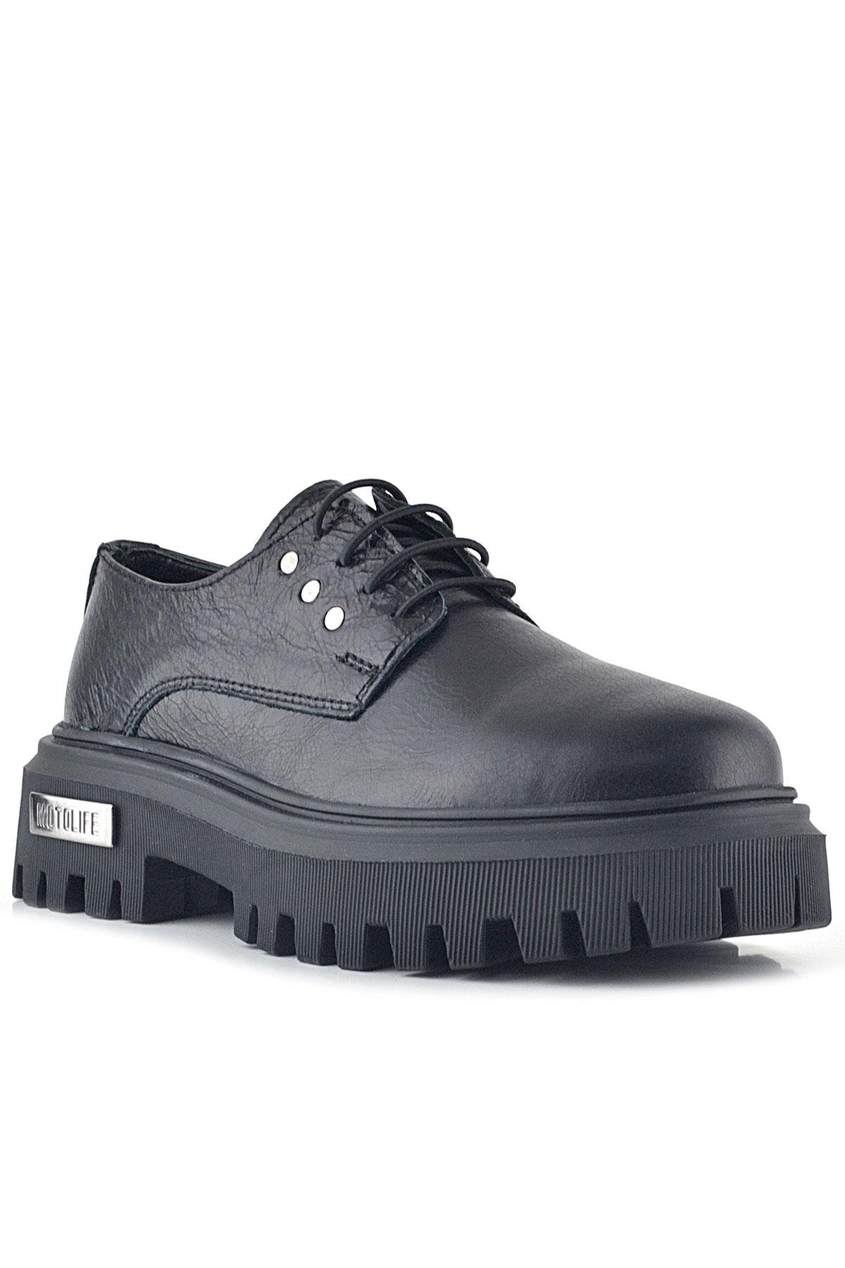 Siyah Kırışık Hakiki Deri Bağcıklı Metal Detaylı GünlükOxford Ayakkabı - Görsel 2