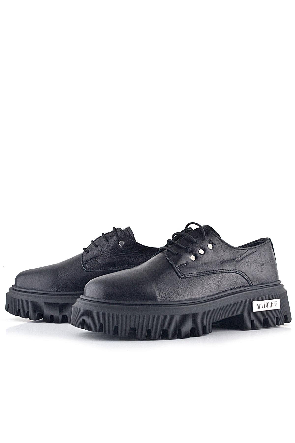 Siyah Kırışık Hakiki Deri Bağcıklı Metal Detaylı GünlükOxford Ayakkabı - Görsel 6