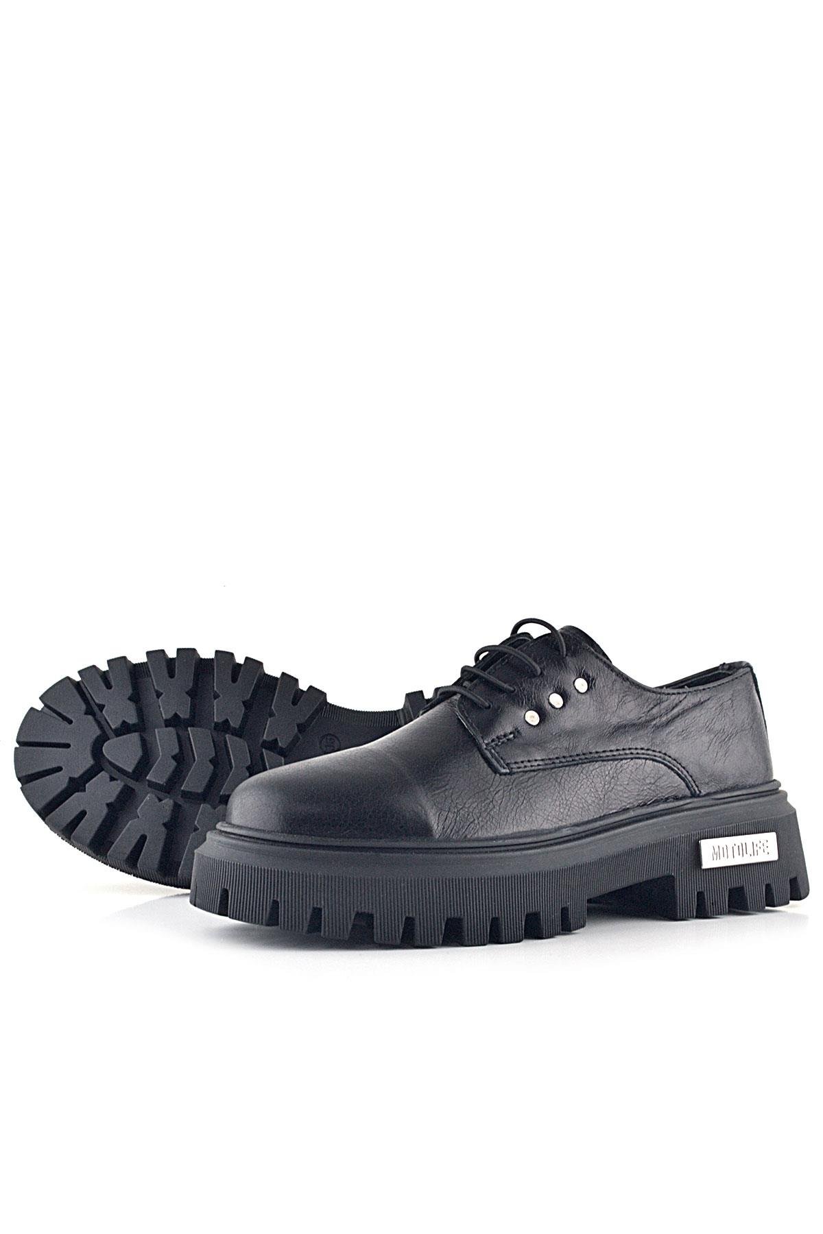Siyah Kırışık Hakiki Deri Bağcıklı Metal Detaylı GünlükOxford Ayakkabı - Görsel 7