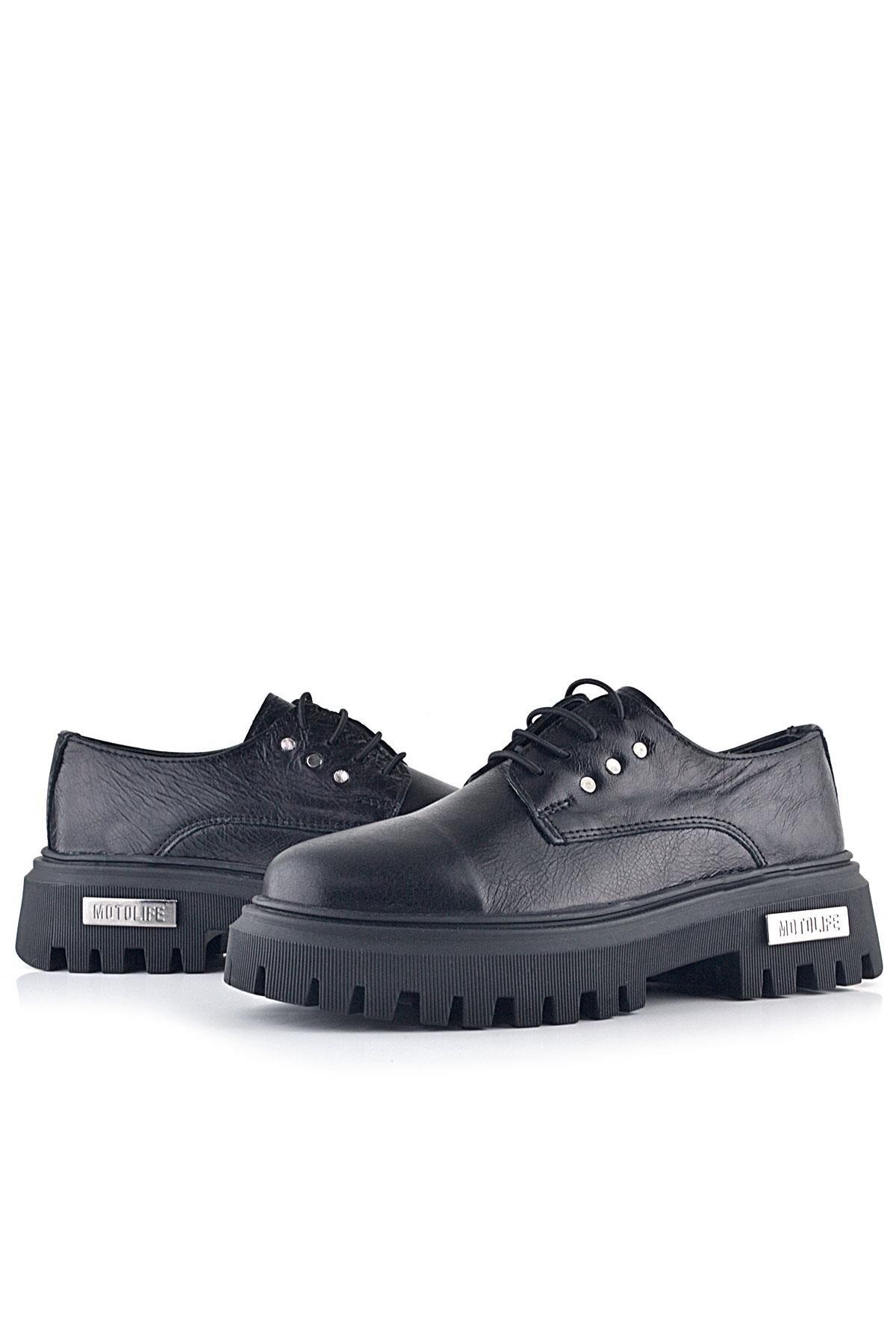 Siyah Kırışık Hakiki Deri Bağcıklı Metal Detaylı GünlükOxford Ayakkabı - Görsel 8
