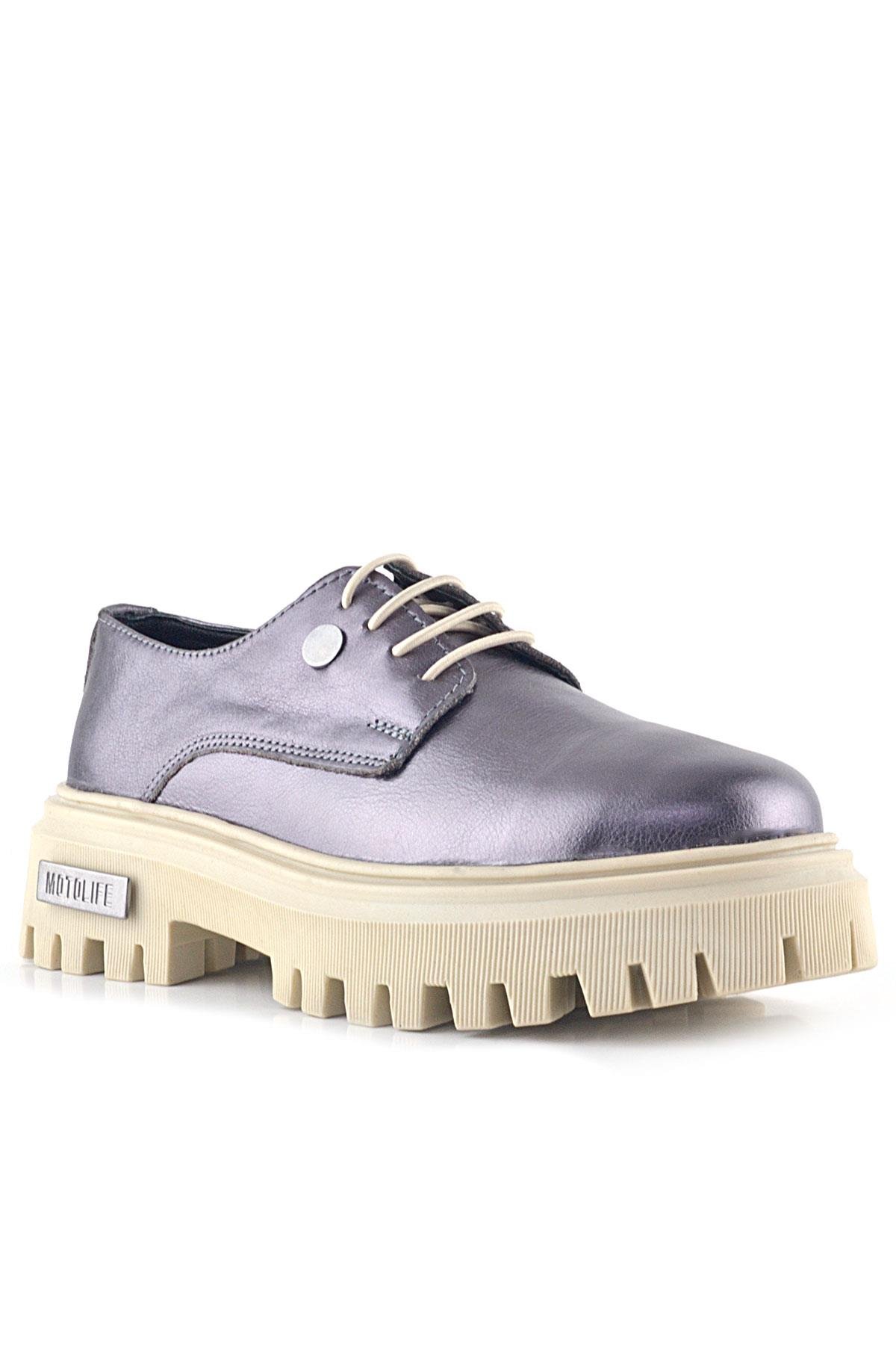 Platin Hakiki Deri Metal Detaylı Bağcıklı Günlük Oxford Ayakkabı - Görsel 2