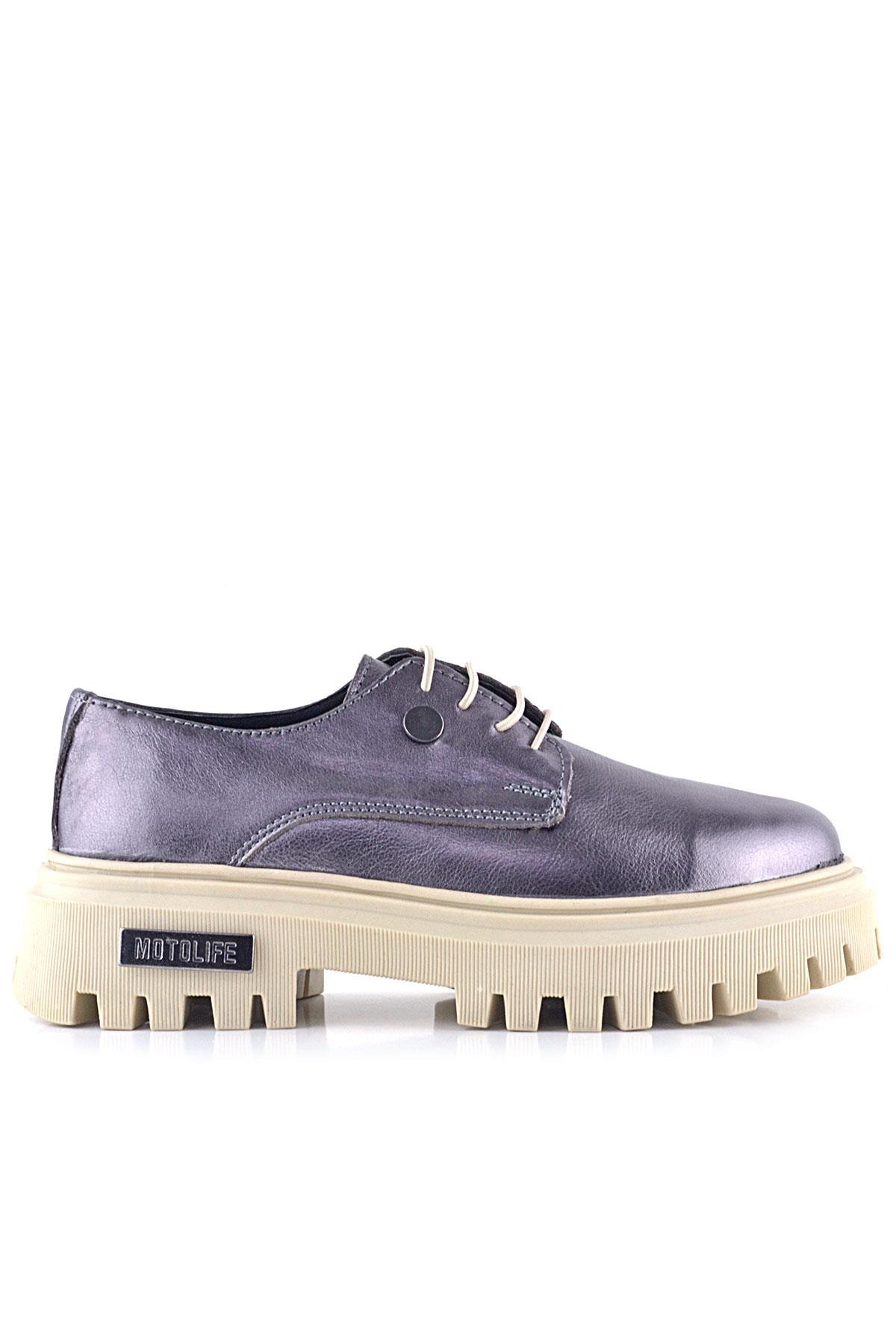 Platin Hakiki Deri Metal Detaylı Bağcıklı Günlük Oxford Ayakkabı - Görsel 3