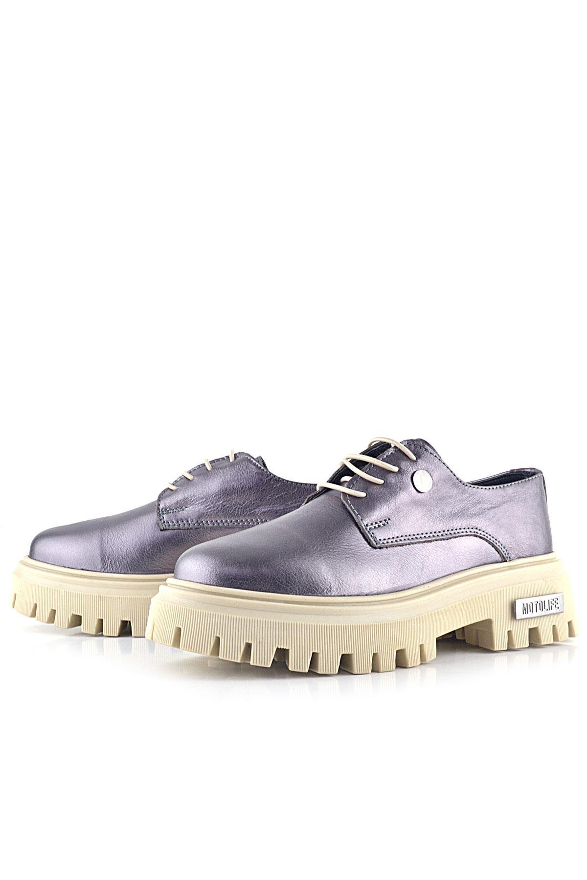 Platin Hakiki Deri Metal Detaylı Bağcıklı Günlük Oxford Ayakkabı - Görsel 6