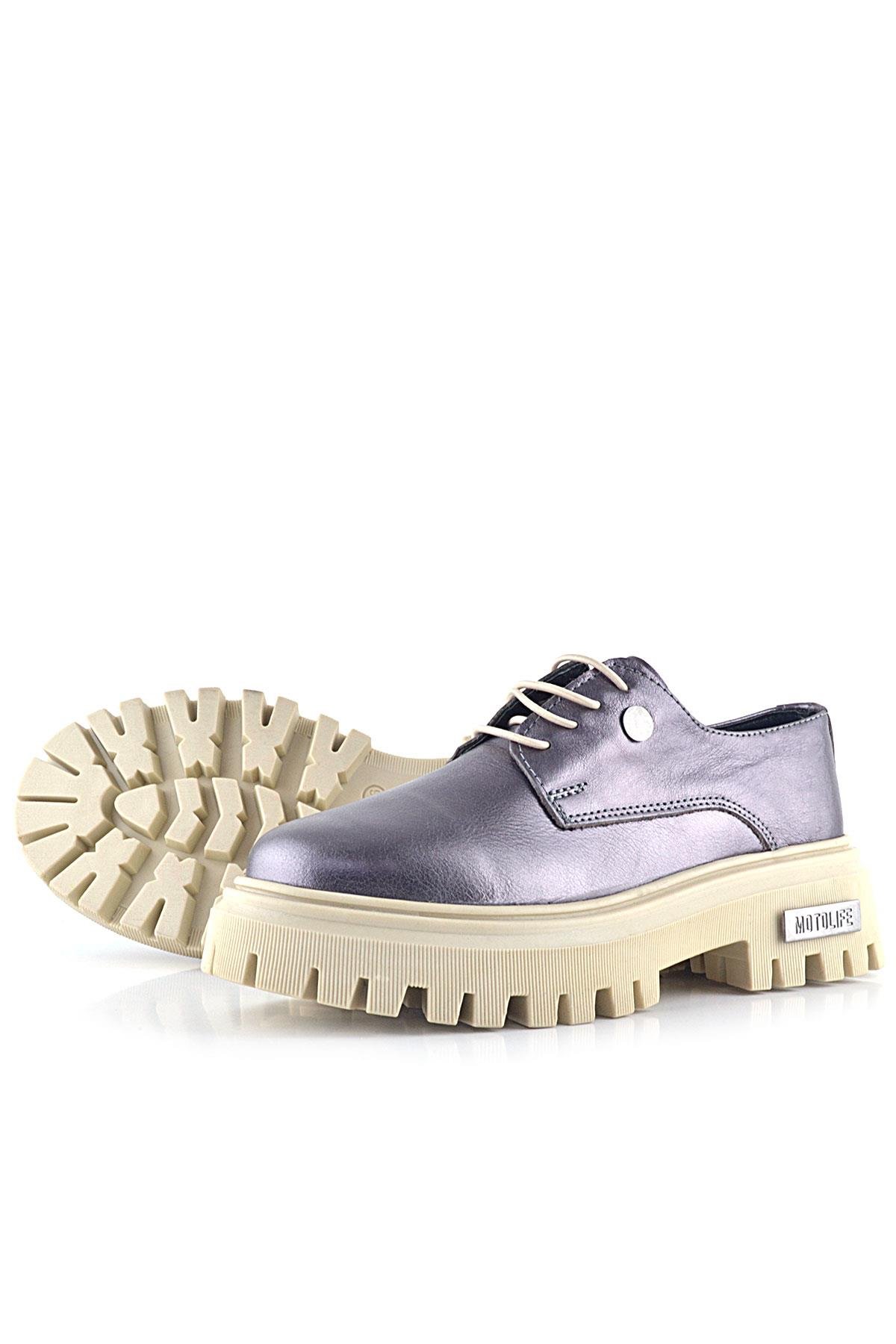 Platin Hakiki Deri Metal Detaylı Bağcıklı Günlük Oxford Ayakkabı - Görsel 7