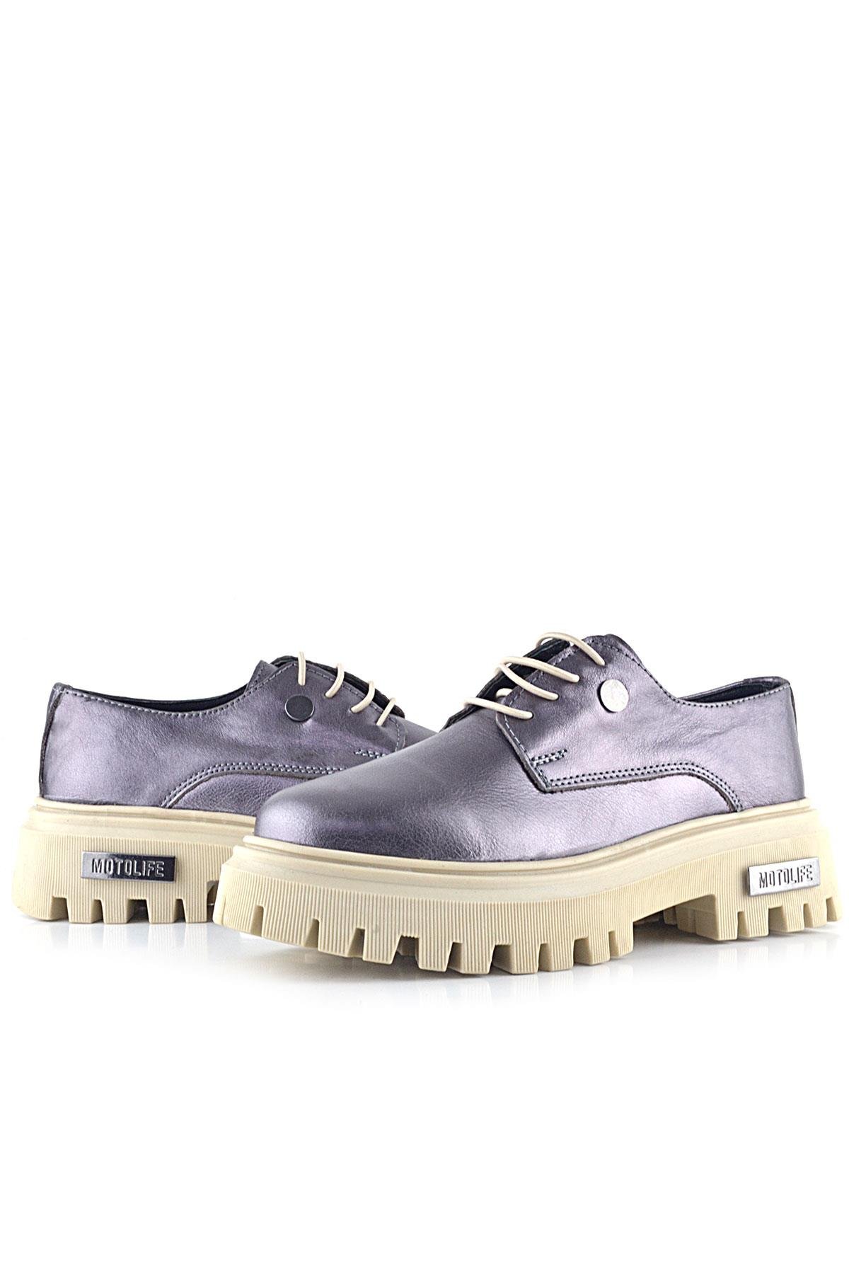 Platin Hakiki Deri Metal Detaylı Bağcıklı Günlük Oxford Ayakkabı - Görsel 8