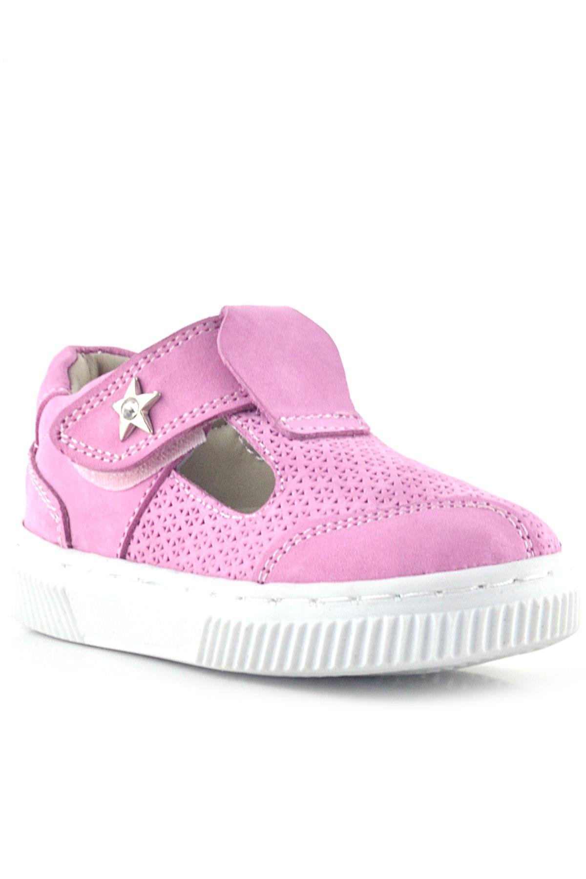 Bheem Hakiki Deri Pembe Cırtlı Yıldız Detaylı Bebek Sandalet - Görsel 2