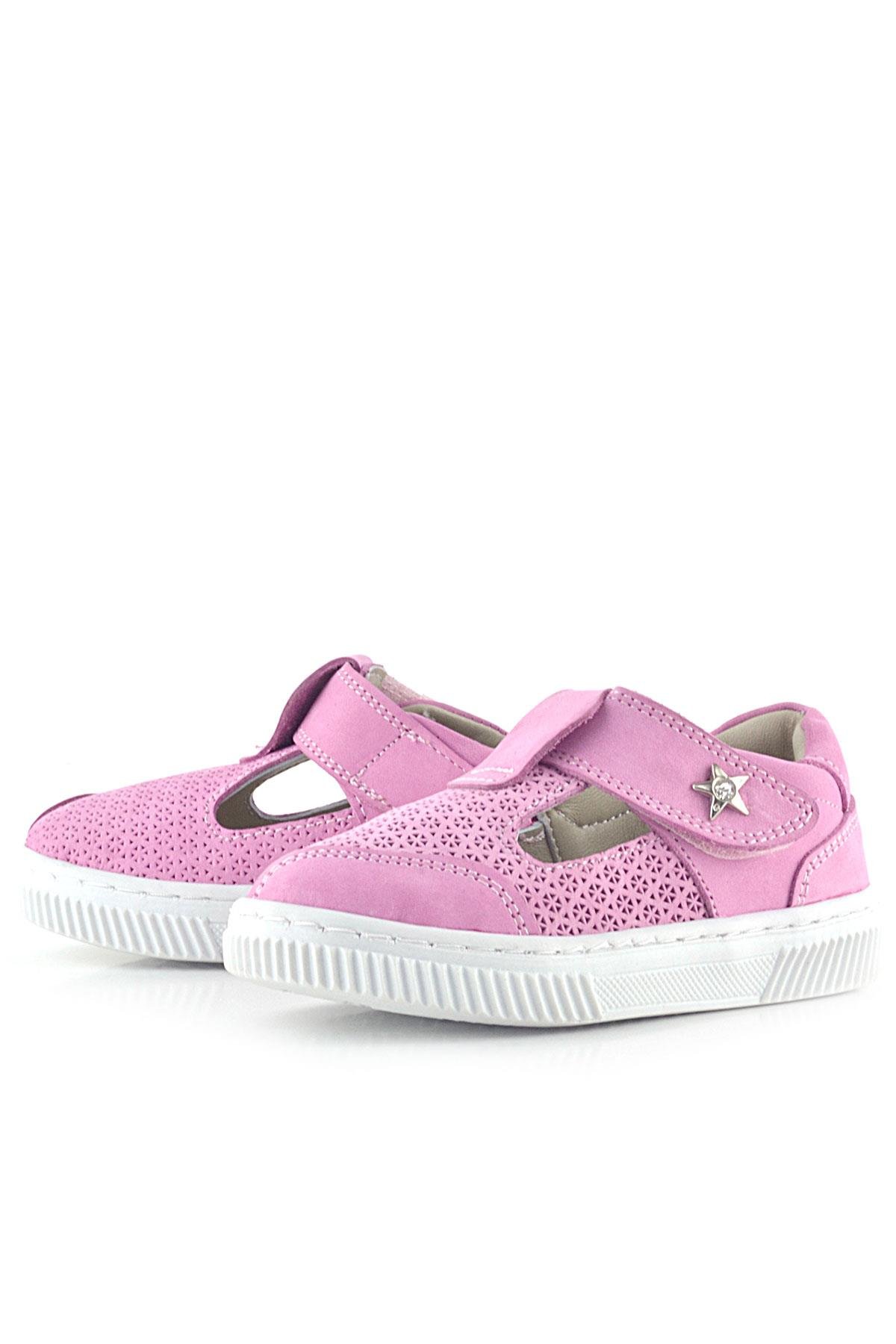 Bheem Hakiki Deri Pembe Cırtlı Yıldız Detaylı Bebek Sandalet - Görsel 6