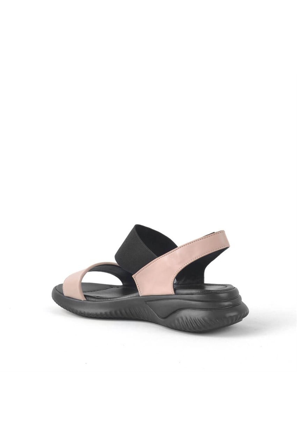 Hakiki Deri Siyah Pembe Lastikli Kalın Taban Kadın Sandalet - Görsel 4
