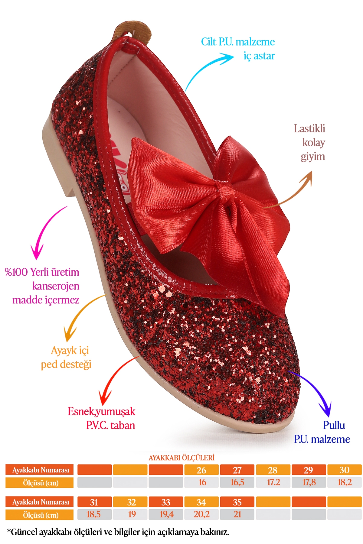 Tari Cam Kırığı Fiyonk Lastikli Kız Çocuk Babet Ayakkabı Kırmızı - Görsel 3
