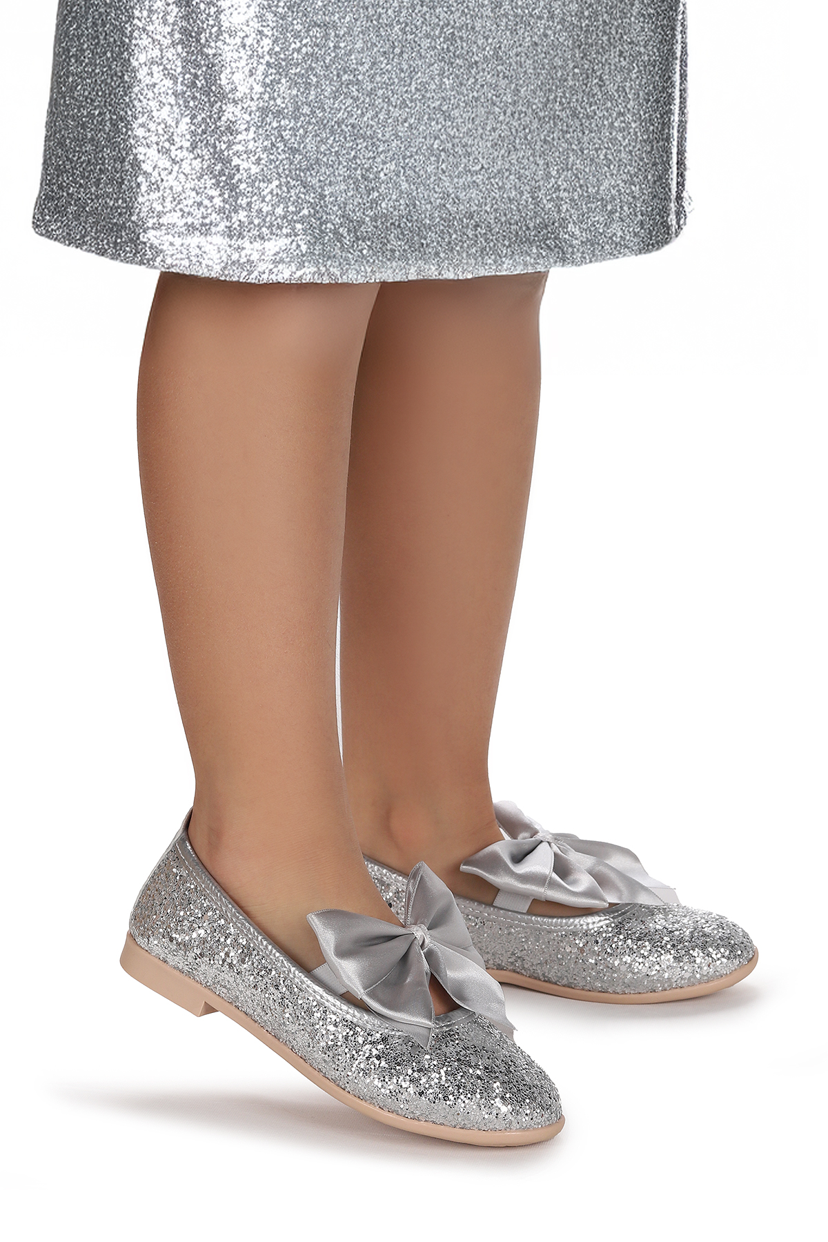 Tari Cam Kırığı Fiyonk Lastikli Kız Çocuk Babet Ayakkabı Gümüş - Görsel 2