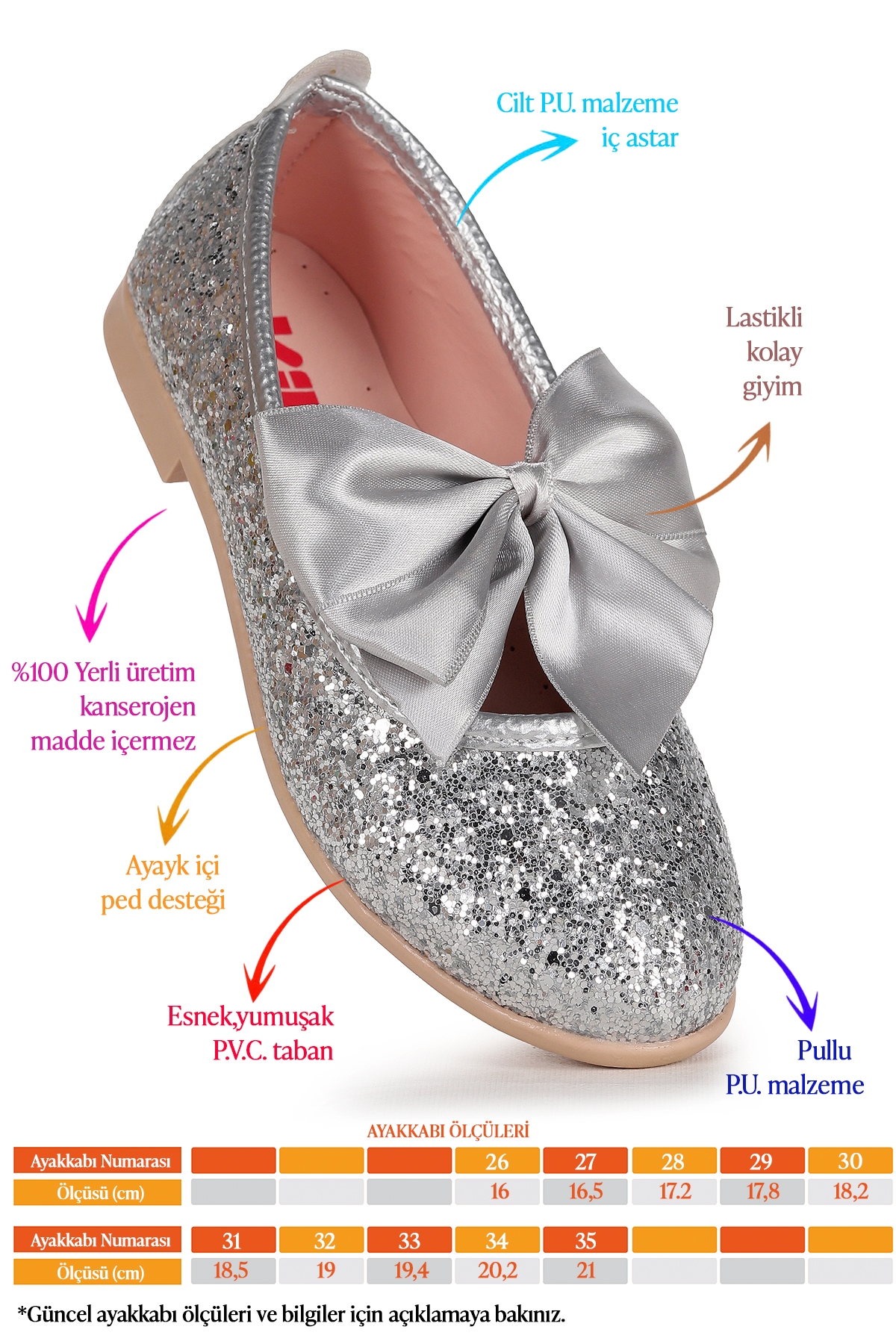 Tari Cam Kırığı Fiyonk Lastikli Kız Çocuk Babet Ayakkabı Gümüş - Görsel 3