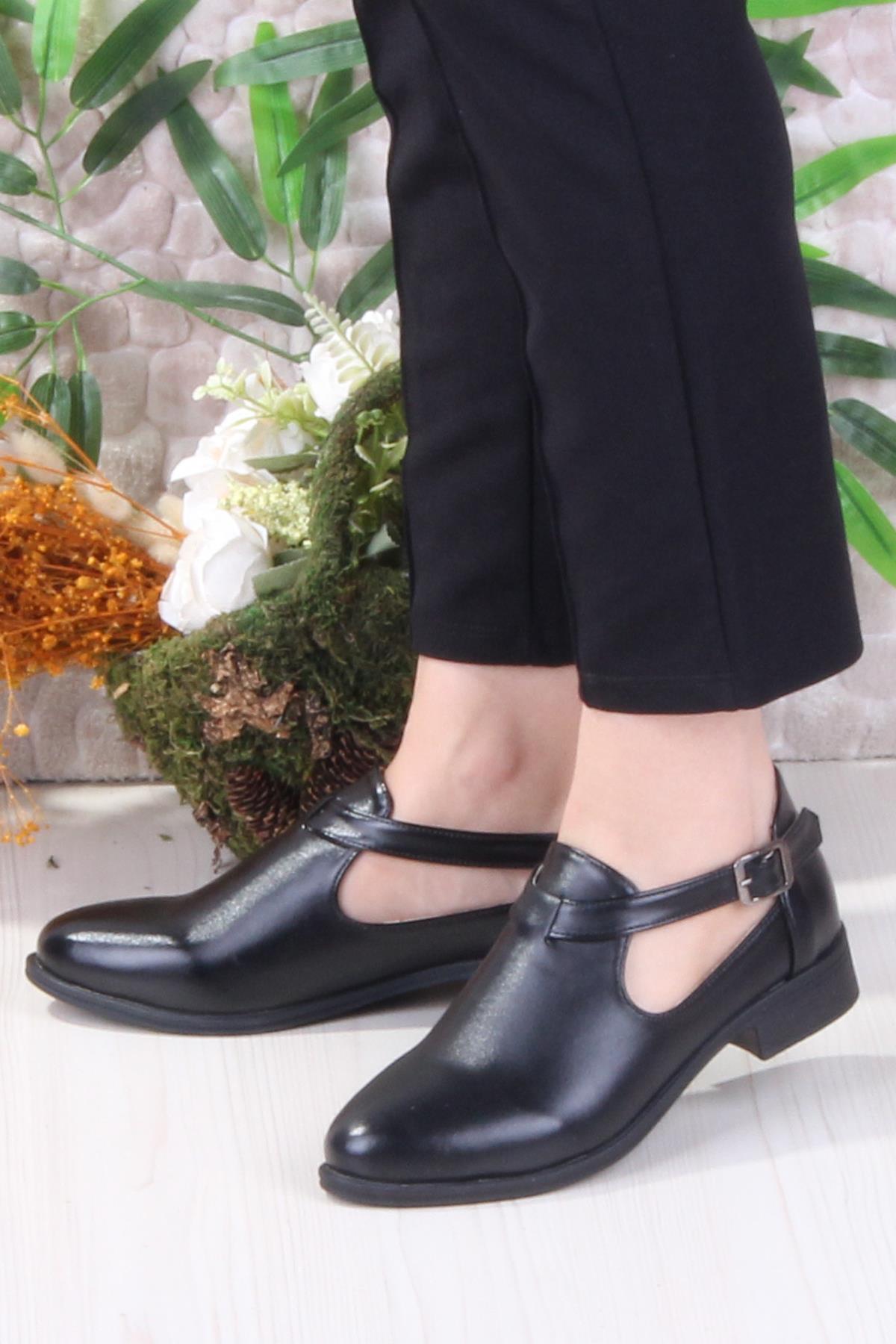 42401 Siyah Saten Fashion Tokalı Yumuşak Esnek Kadın Ayakkabı - Görsel 4