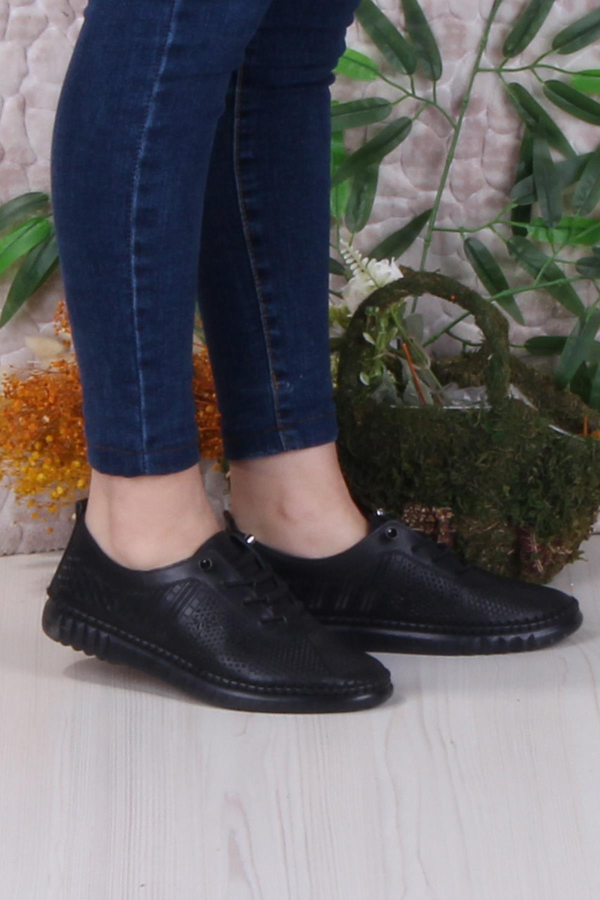 4243 Yumuşak Rahat Esnek Lastik Bağcıklı Hakiki Deri Kadın Ayakkabı - Görsel 2