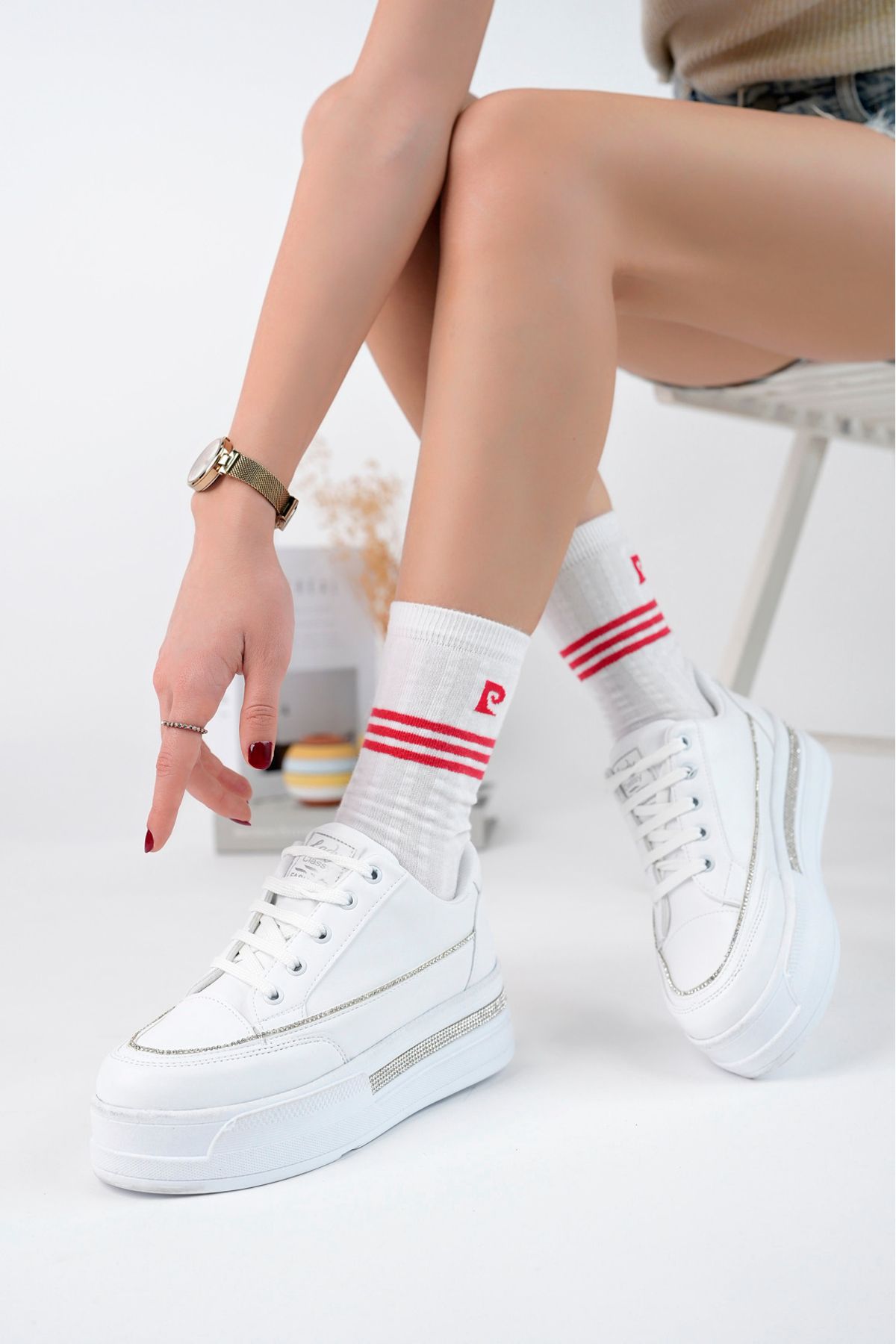 1165 YÜKSEK TABAN TAŞLI SNEAKERS AYAKKABI - Görsel 2