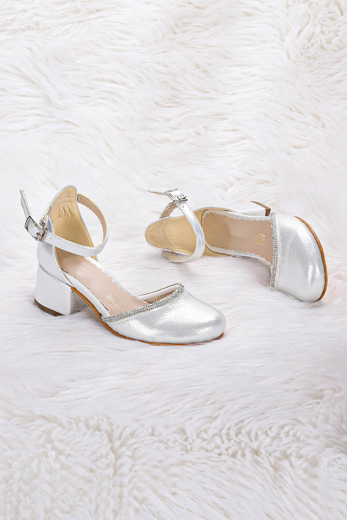 Ressa Vakko Taşlı Kız Çocuk 5 Cm Topuklu Sandalet Abiye Ayakkabı Sedef - Görsel 5