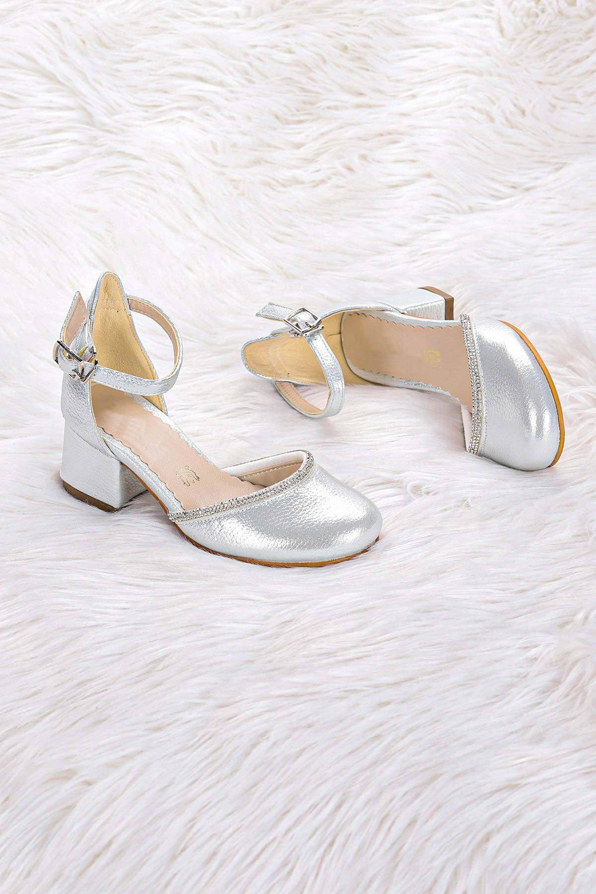 Ressa Vakko Taşlı Kız Çocuk 5 Cm Topuklu Sandalet Abiye Ayakkabı Gümüş - Görsel 5