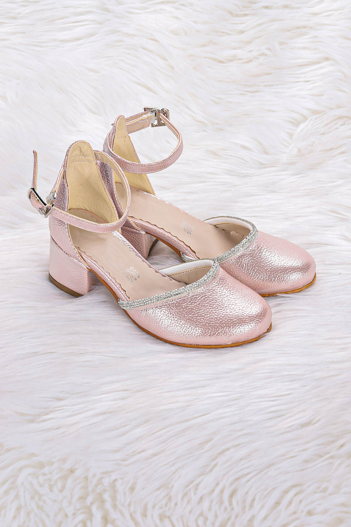 Ressa Vakko Taşlı Kız Çocuk 5 Cm Topuklu Sandalet Abiye Ayakkabı Pudra - Görsel 4