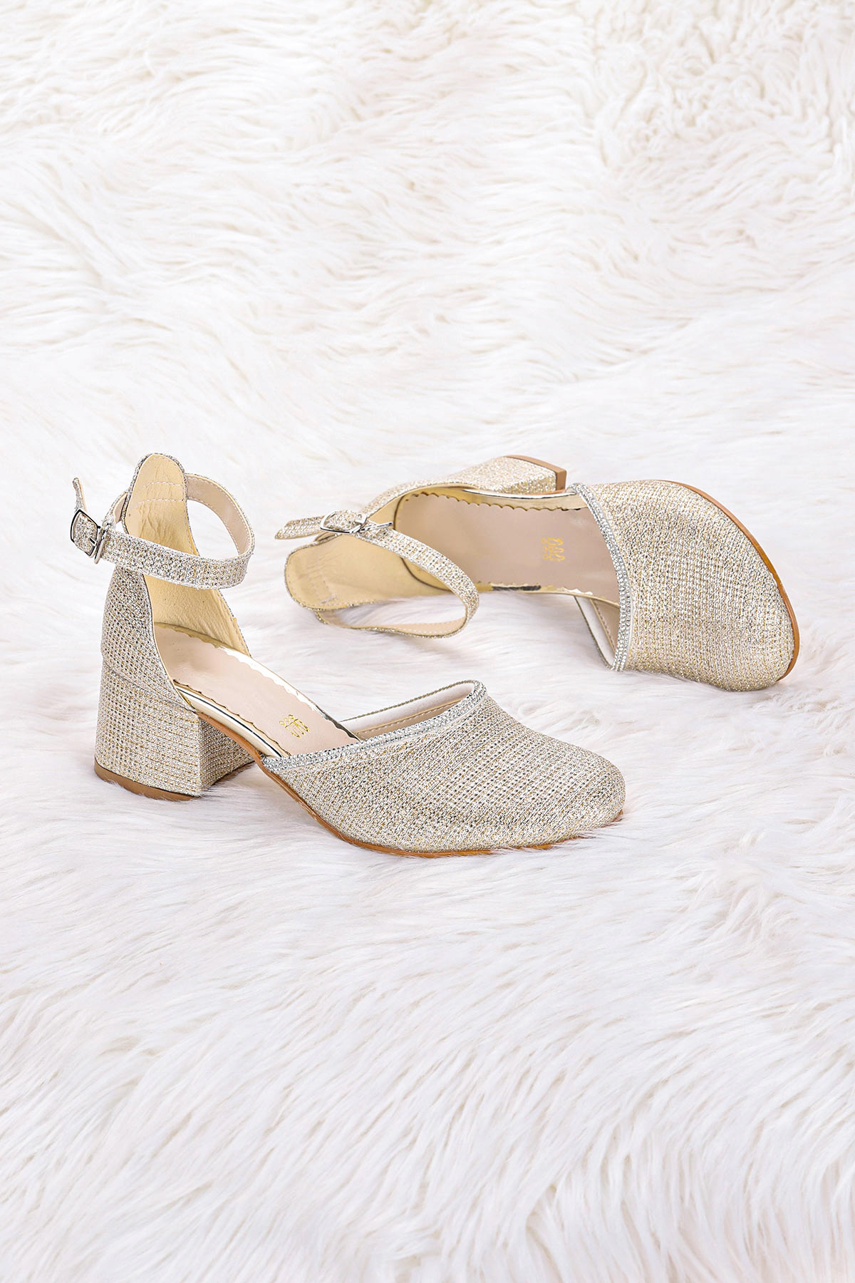 Ressa Çupra Taşlı Kız Çocuk 5 Cm Topuklu Sandalet Abiye Ayakkabı Altın - Görsel 5