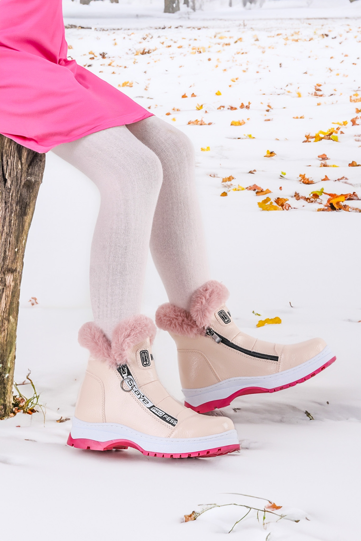 Bente Rugan Çatlak Fermuarlı Kız Çocuk Bot Ayakkabı Pudra - Görsel 4