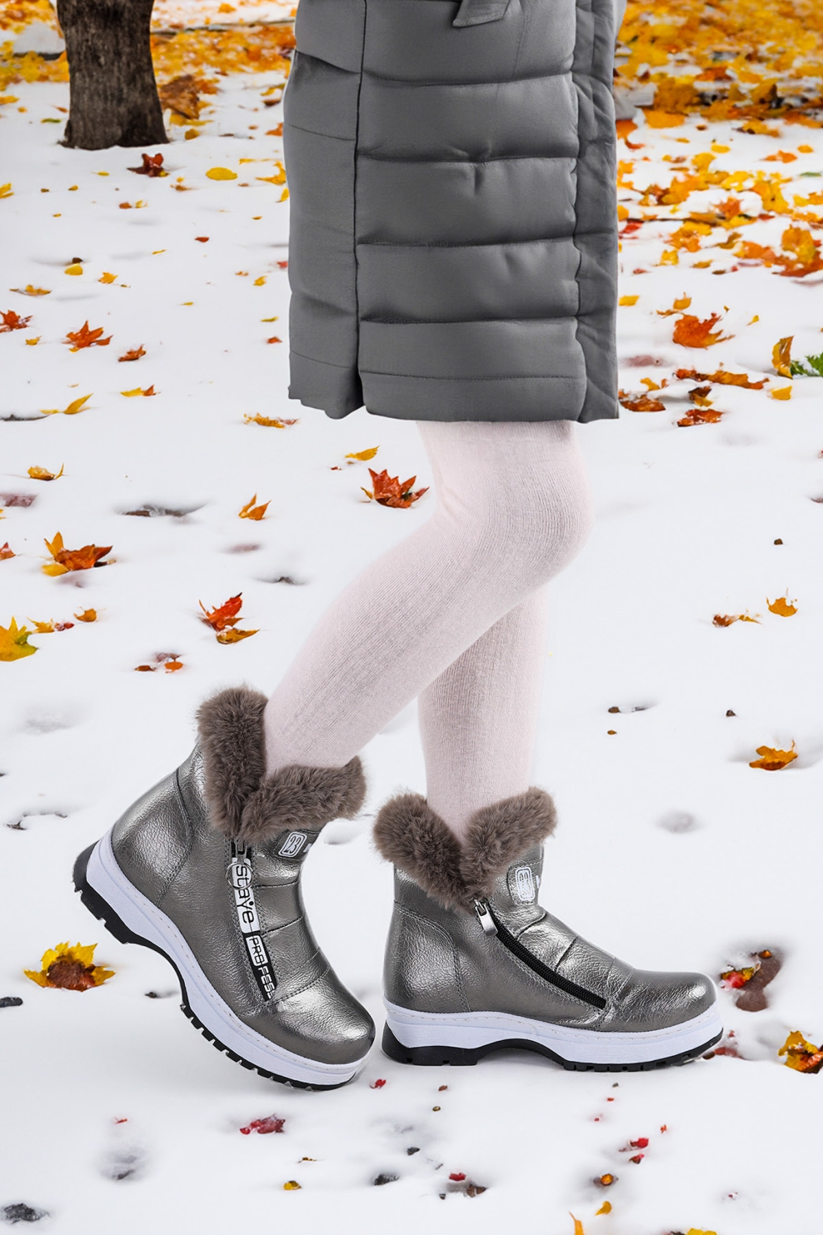 Bente Rugan Çatlak Fermuarlı Kız Çocuk Bot Ayakkabı Platin - Görsel 2