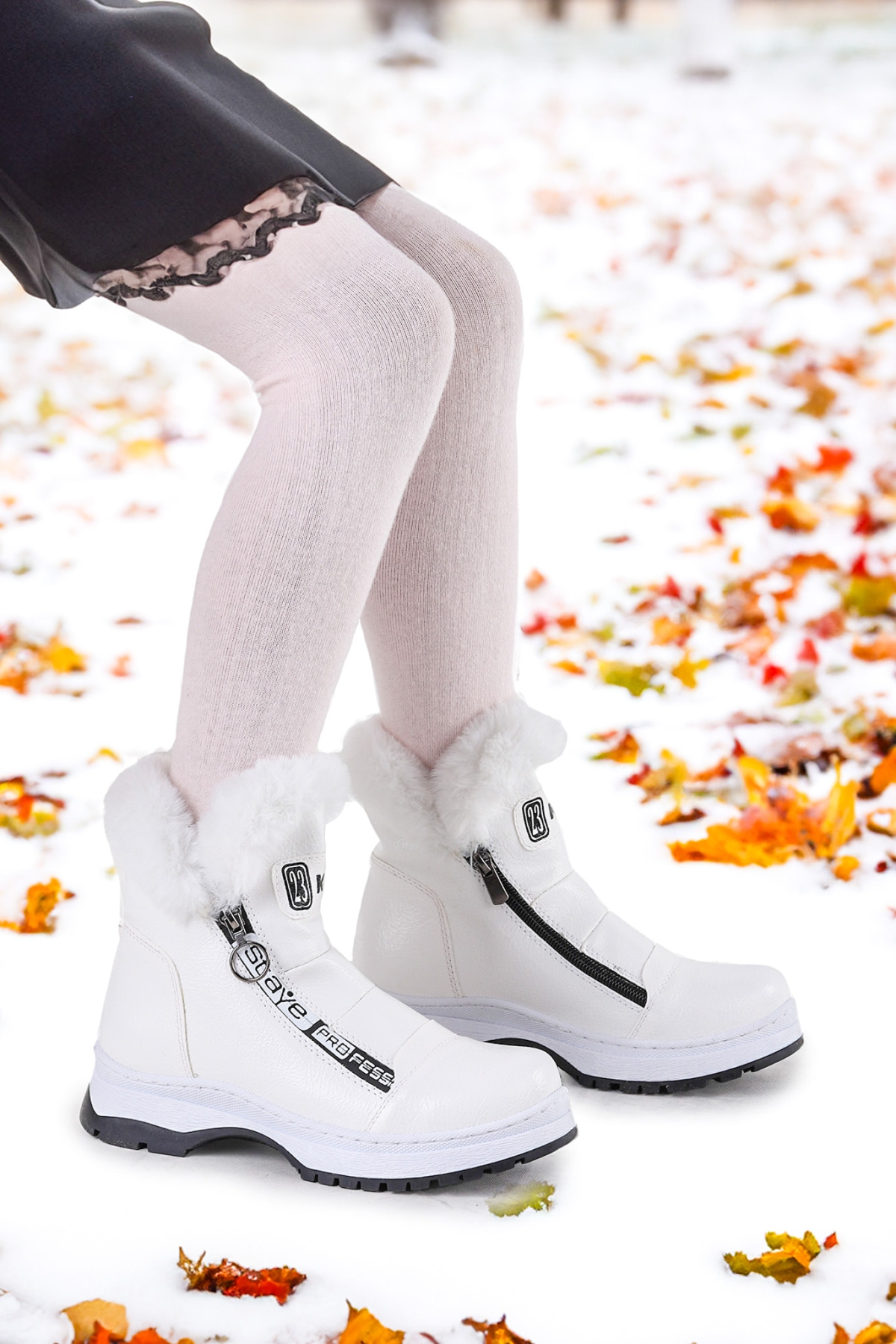 Kiko Kids Bente Rugan Çatlak Fermuarlı Kız Çocuk Bot Ayakkabı Beyaz - Görsel 5