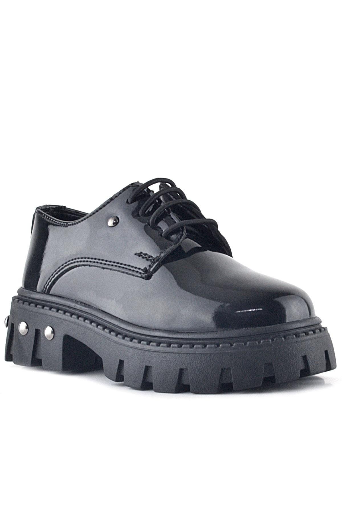 Siyah Rugan Bağcıklı Metal Detaylı Kız Çocuk Oxford Günlük Ayakkabı - Görsel 2