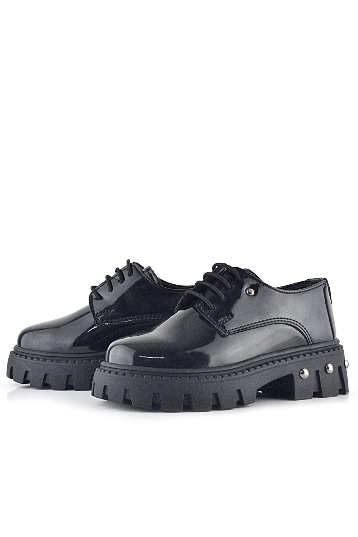 Siyah Rugan Bağcıklı Metal Detaylı Kız Çocuk Oxford Günlük Ayakkabı - Görsel 6