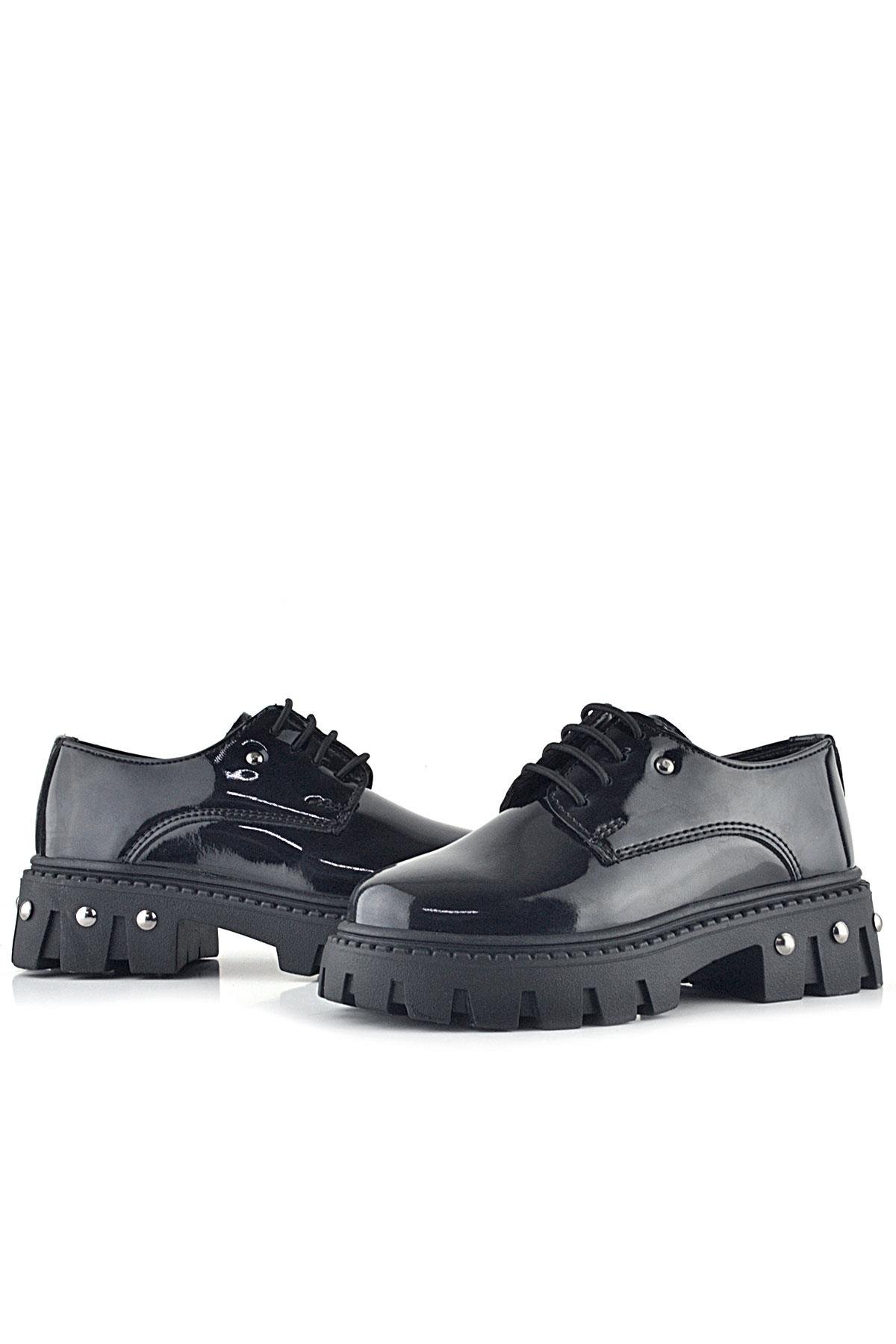 Siyah Rugan Bağcıklı Metal Detaylı Kız Çocuk Oxford Günlük Ayakkabı - Görsel 7