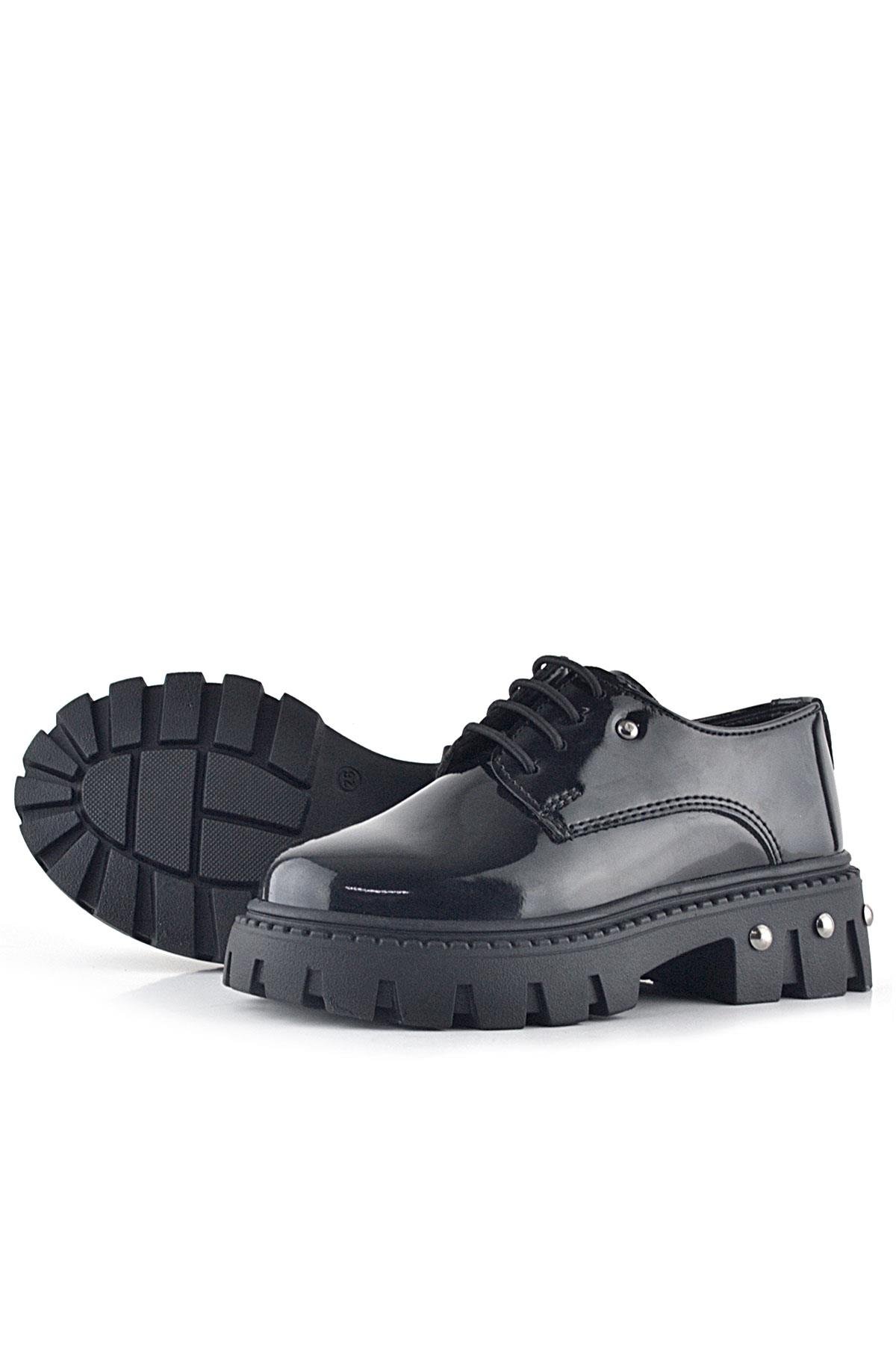 Siyah Rugan Bağcıklı Metal Detaylı Kız Çocuk Oxford Günlük Ayakkabı - Görsel 8