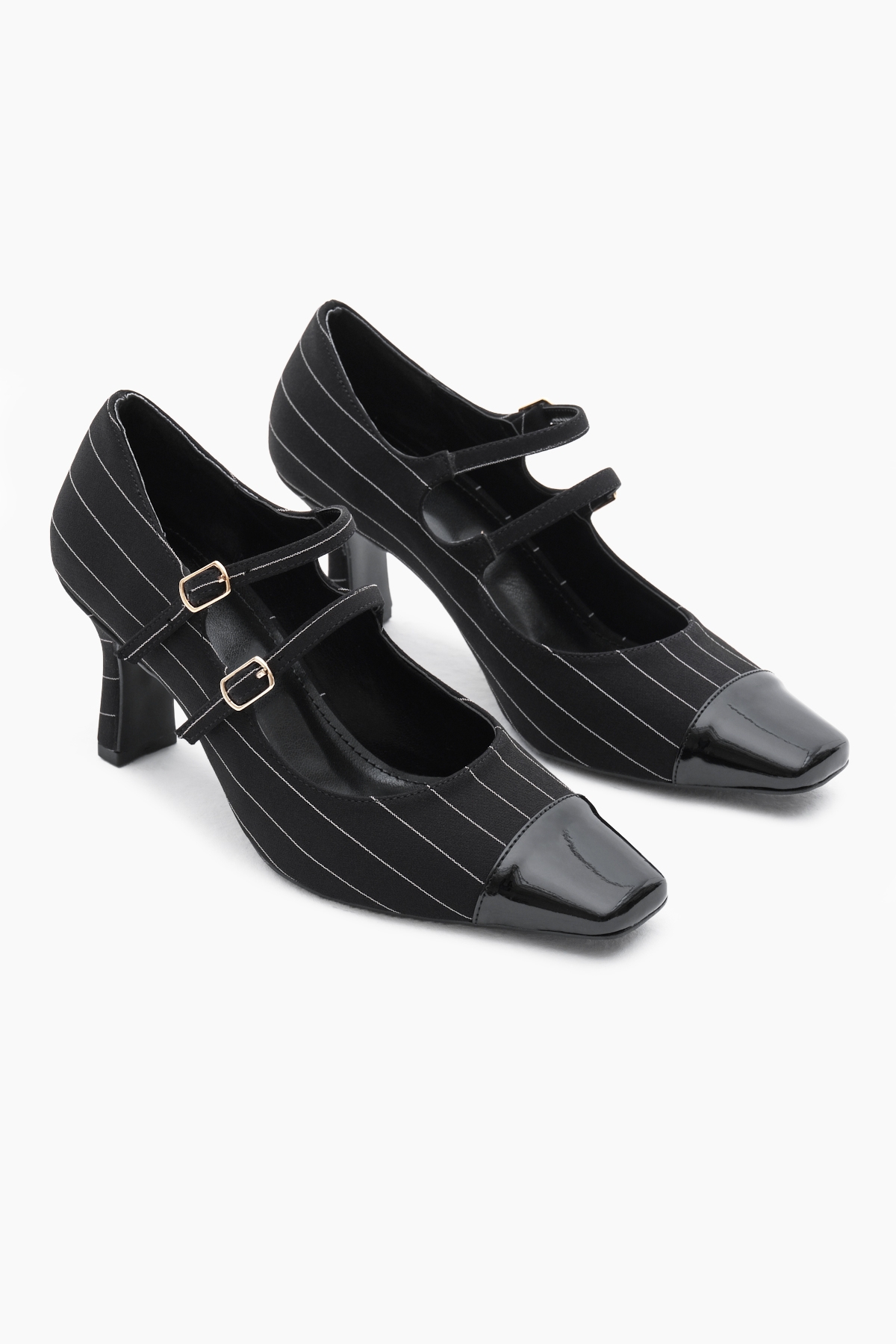Kadın Siyah Neolit Taban Çift Tokalı Çizgili Desen Sivri Burunlu Topuklu Ayakkabı - Görsel 3