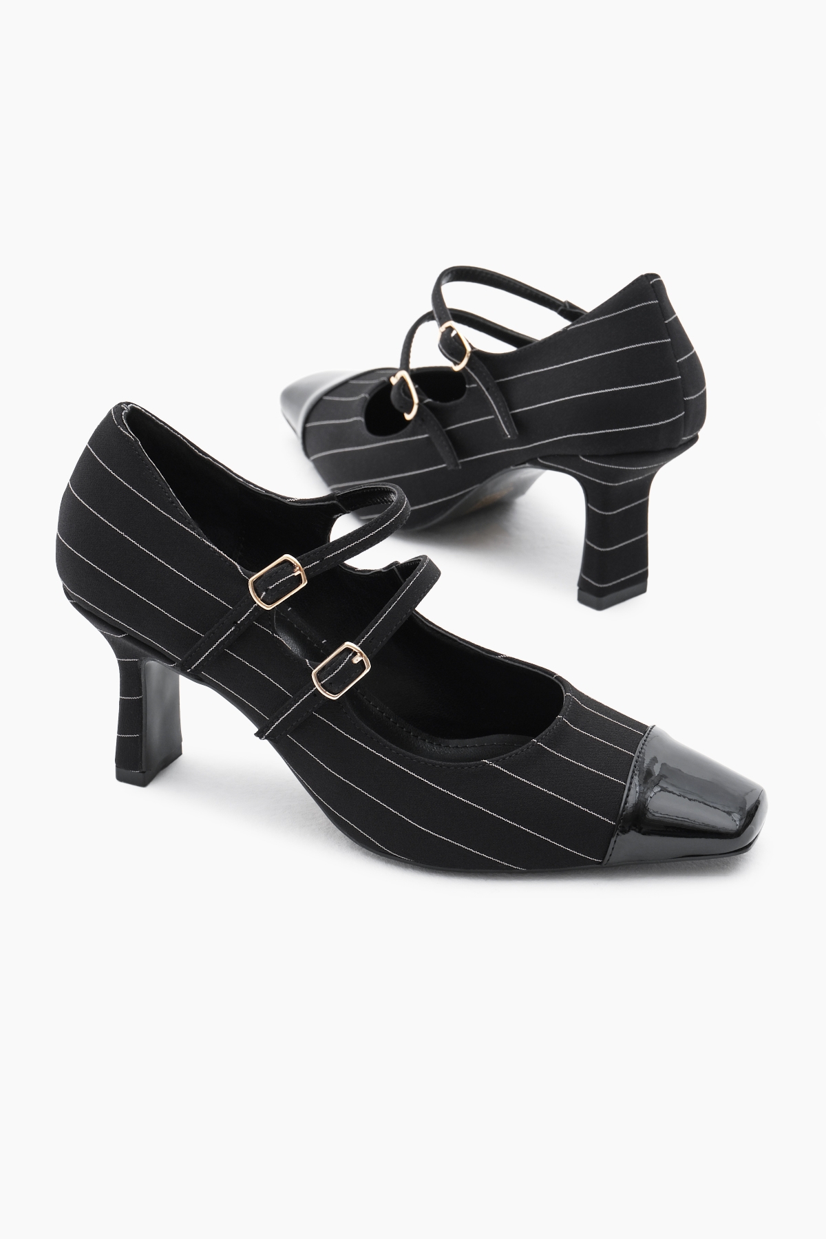 Kadın Siyah Neolit Taban Çift Tokalı Çizgili Desen Sivri Burunlu Topuklu Ayakkabı - Görsel 5