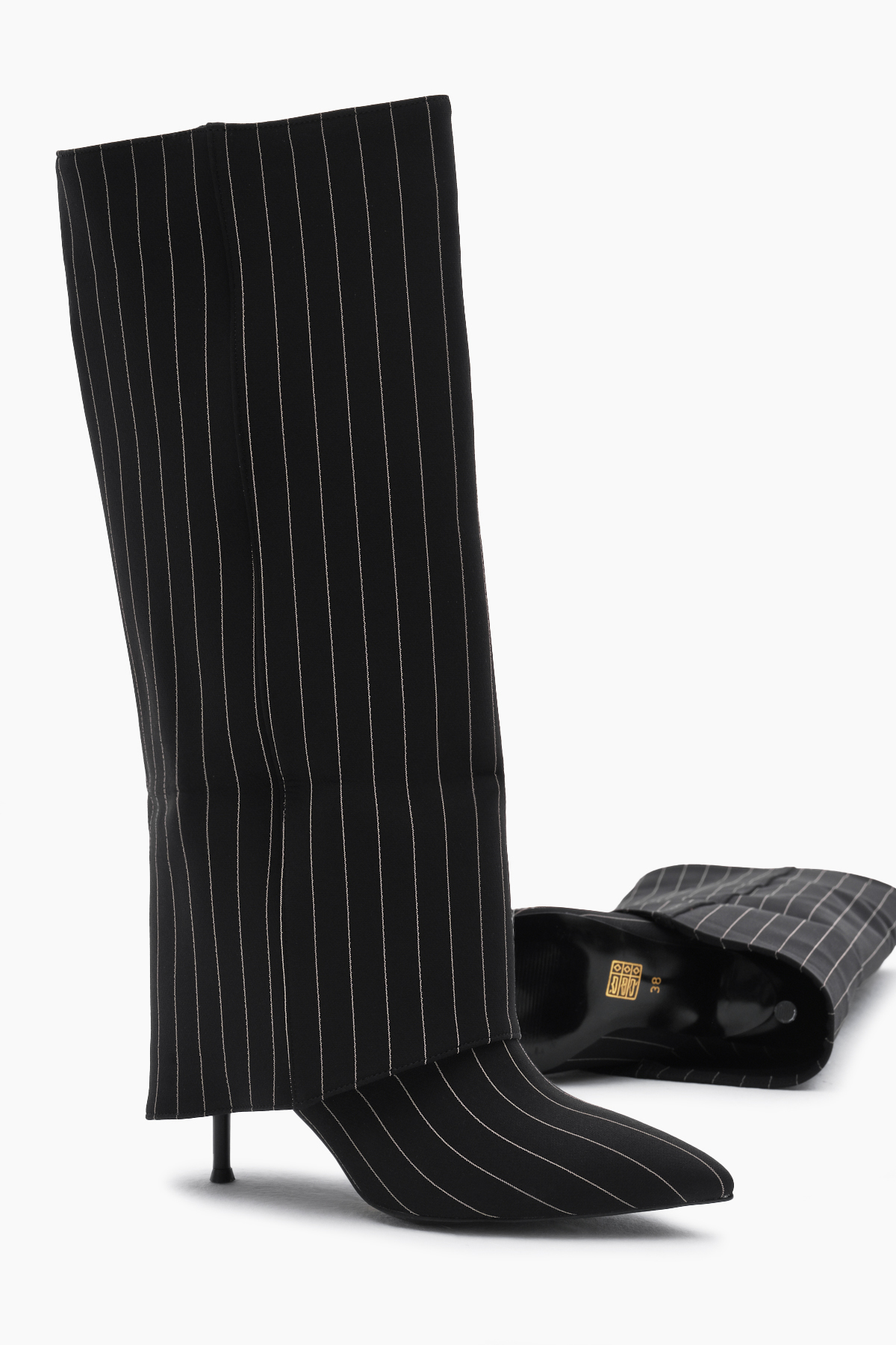 Kadın Siyah Neolit Taban Çizgili Desen Keten Sivri Burunlu Topuklu Çizme - Görsel 5