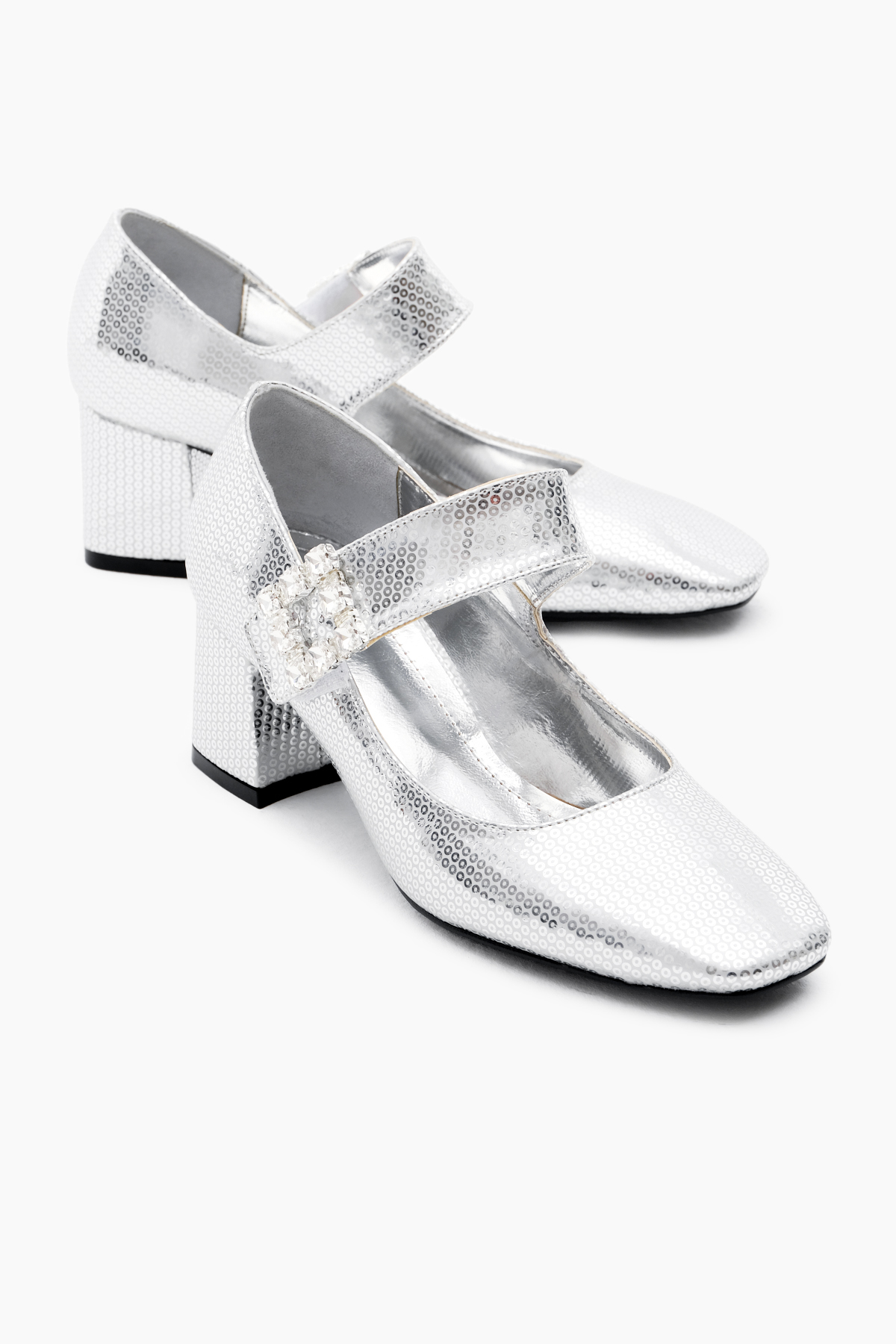 Kadın Gümüş Neolit Taban Desenli Cırtlı Taş Tokalı Topuklu Ayakkabı - Görsel 2