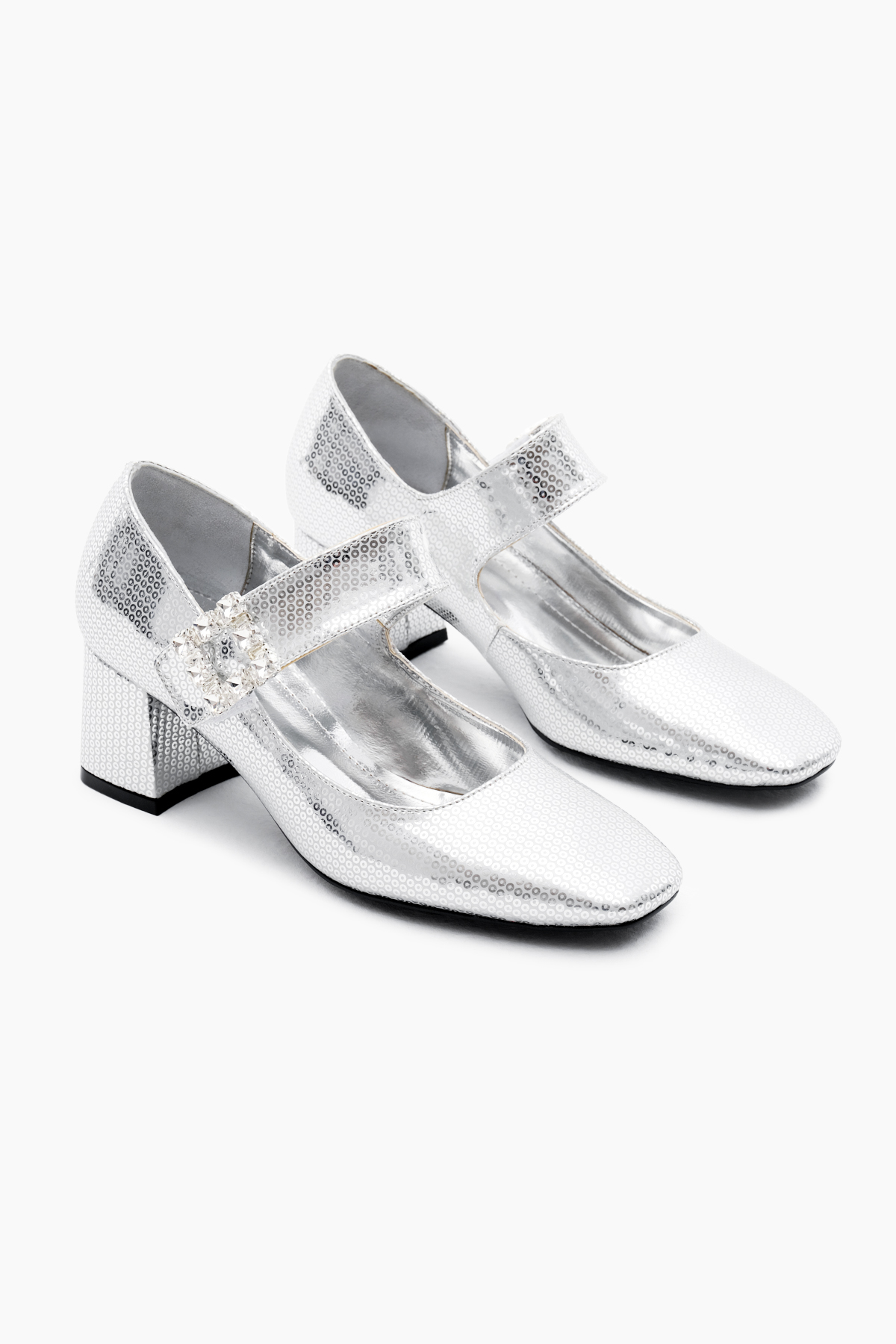 Kadın Gümüş Neolit Taban Desenli Cırtlı Taş Tokalı Topuklu Ayakkabı - Görsel 4