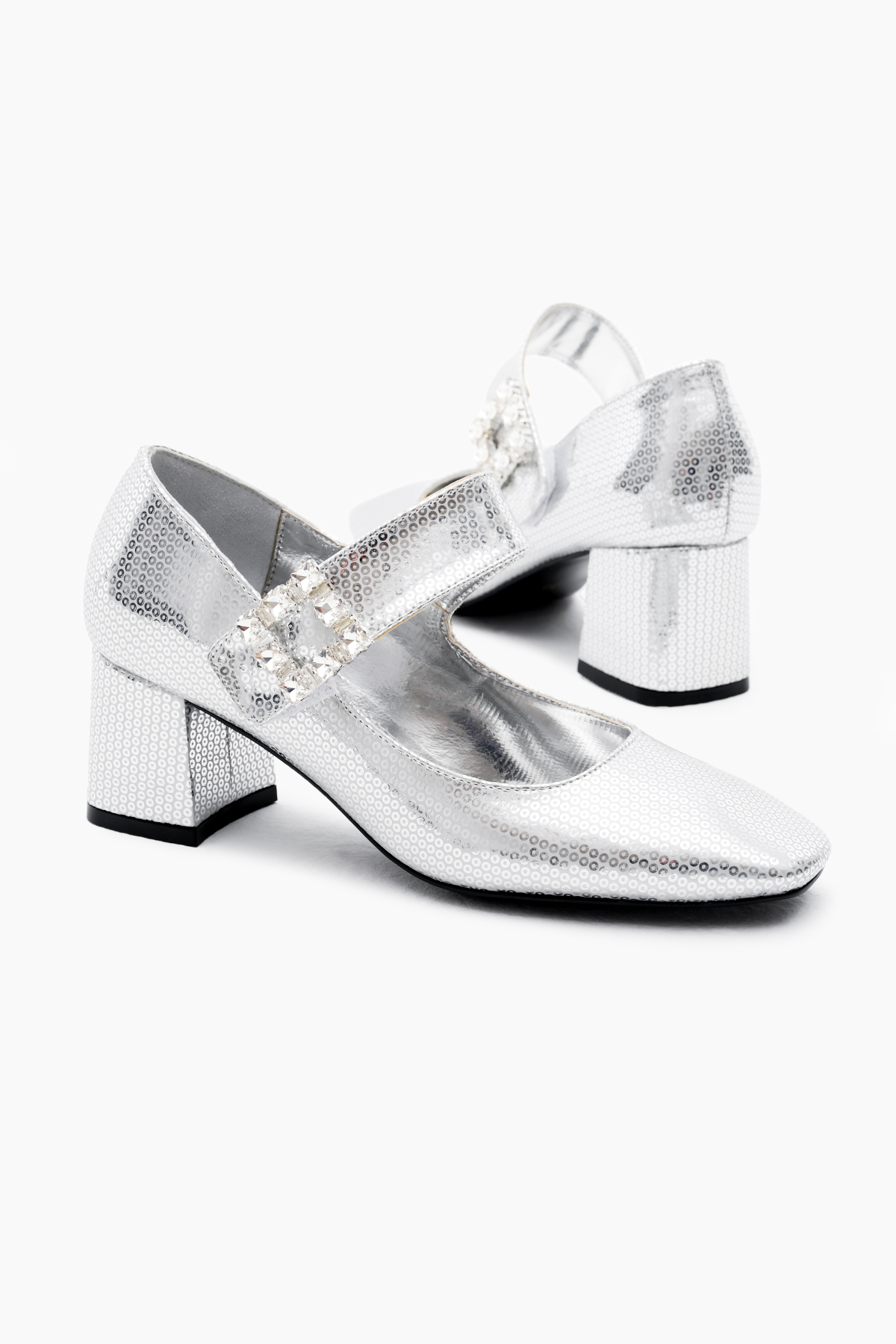 Kadın Gümüş Neolit Taban Desenli Cırtlı Taş Tokalı Topuklu Ayakkabı - Görsel 5