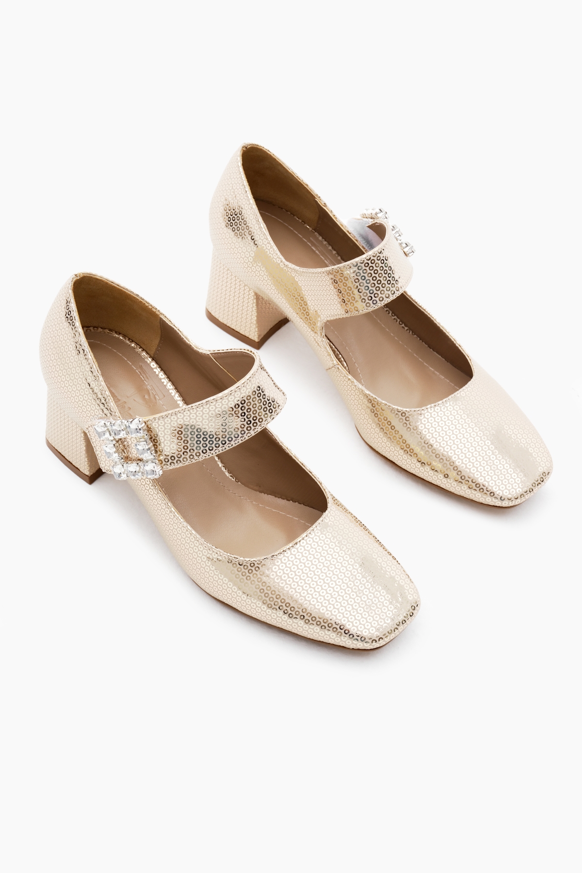 Kadın Gold Neolit Taban Desenli Cırtlı Taş Tokalı Topuklu Ayakkabı - Görsel 4