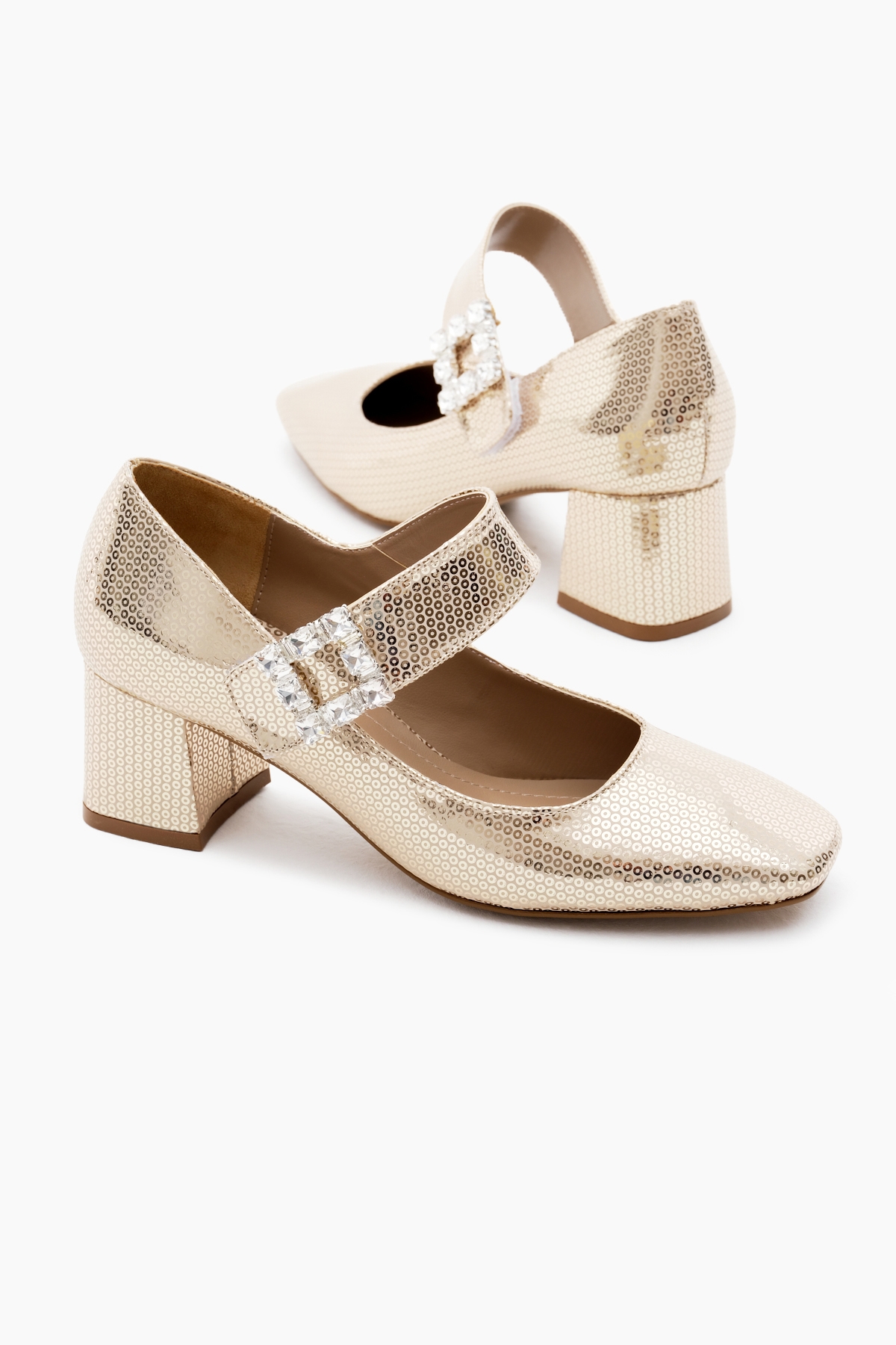 Kadın Gold Neolit Taban Desenli Cırtlı Taş Tokalı Topuklu Ayakkabı - Görsel 5