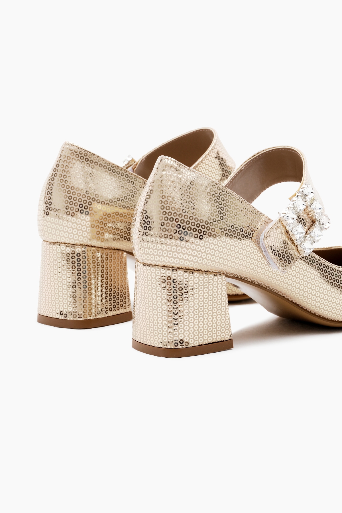 Kadın Gold Neolit Taban Desenli Cırtlı Taş Tokalı Topuklu Ayakkabı - Görsel 6