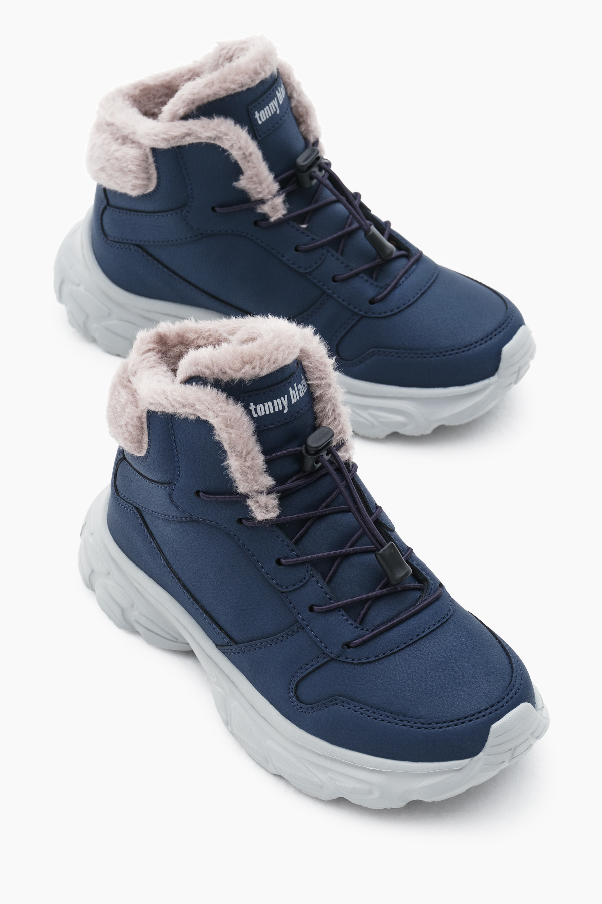 Çocuk Unisex Lacivert Faylon Taban İçi Kürklü Lastik Bağcıklı Bot - Görsel 4