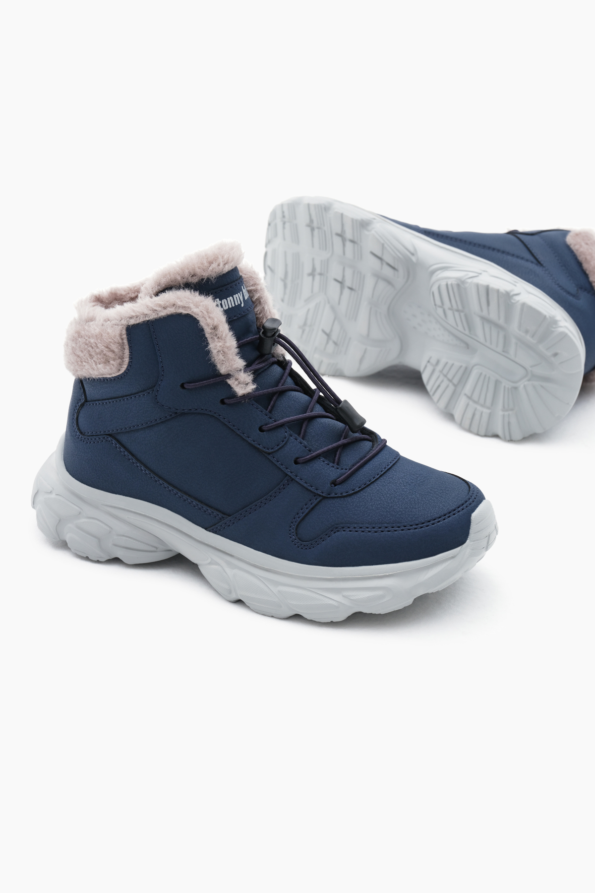 Çocuk Unisex Lacivert Faylon Taban İçi Kürklü Lastik Bağcıklı Bot - Görsel 5