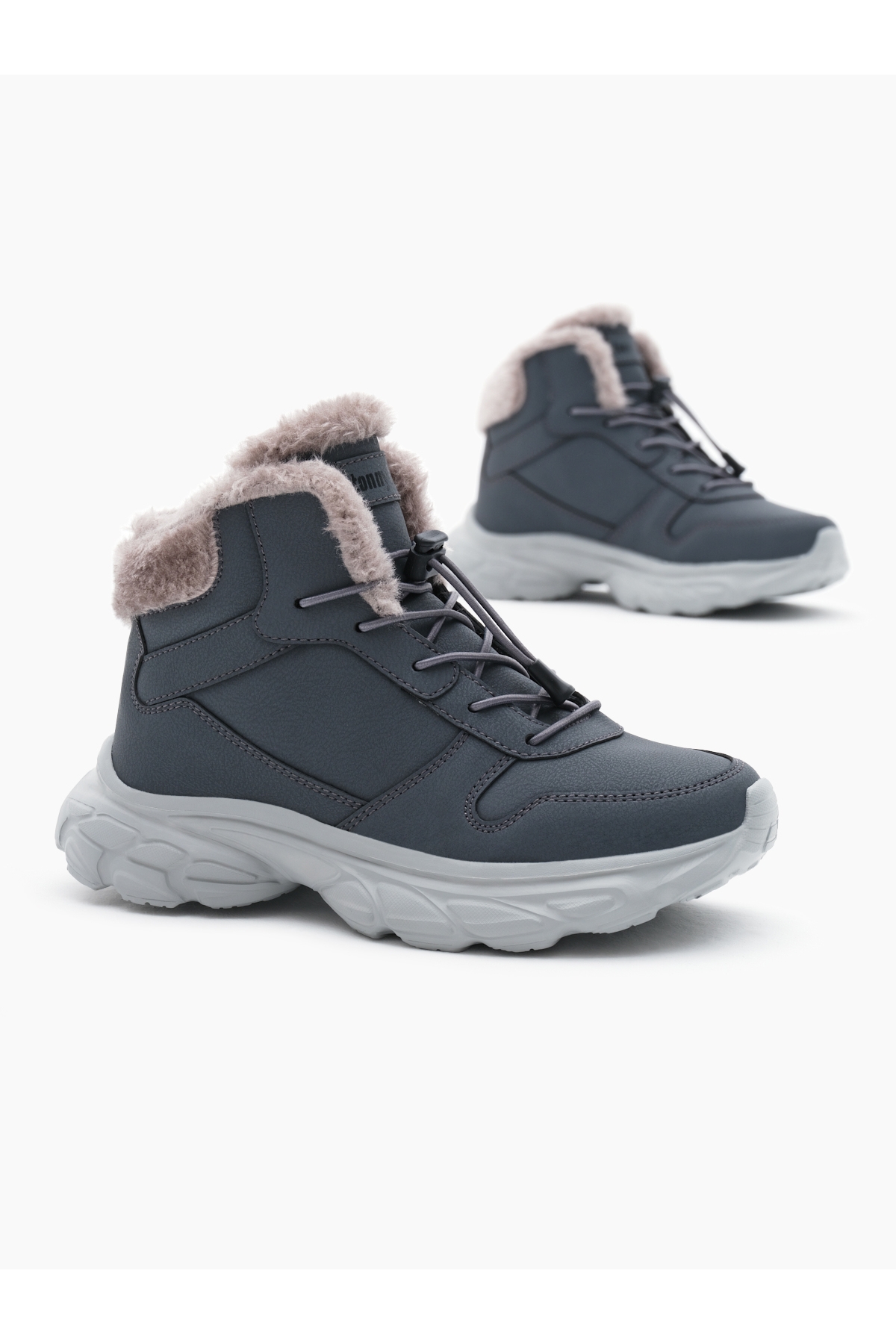 Çocuk Unisex Füme Faylon Taban İçi Kürklü Lastik Bağcıklı Bot - Görsel 2