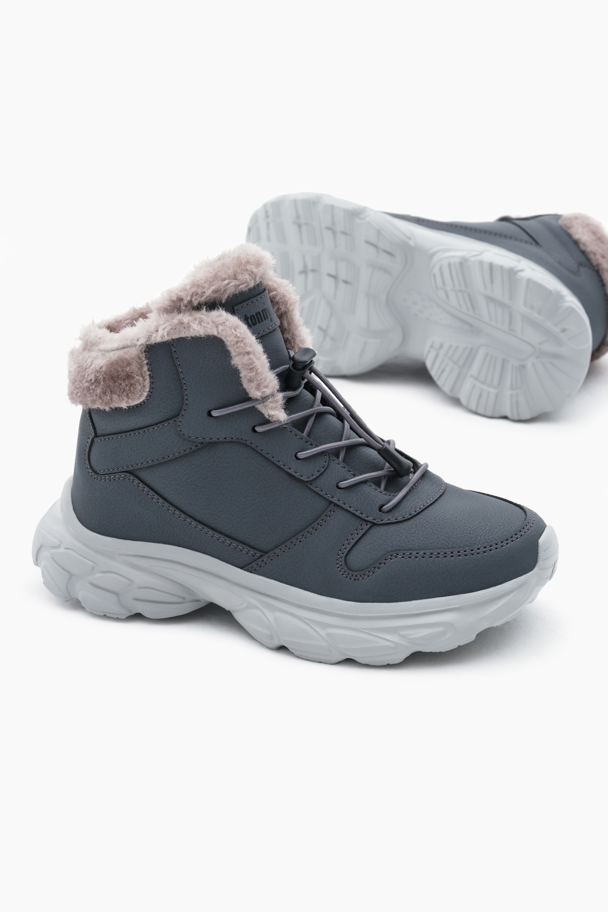 Çocuk Unisex Füme Faylon Taban İçi Kürklü Lastik Bağcıklı Bot - Görsel 5