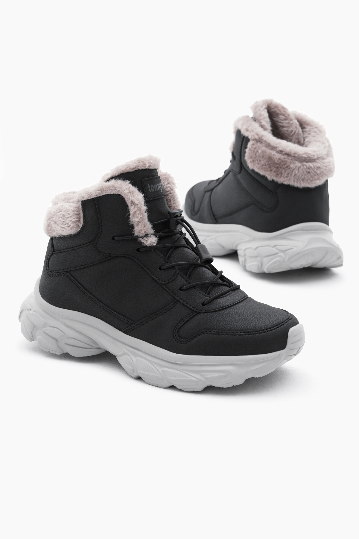 Çocuk Unisex Siyah Faylon Taban İçi Kürklü Lastik Bağcıklı Bot - Görsel 4