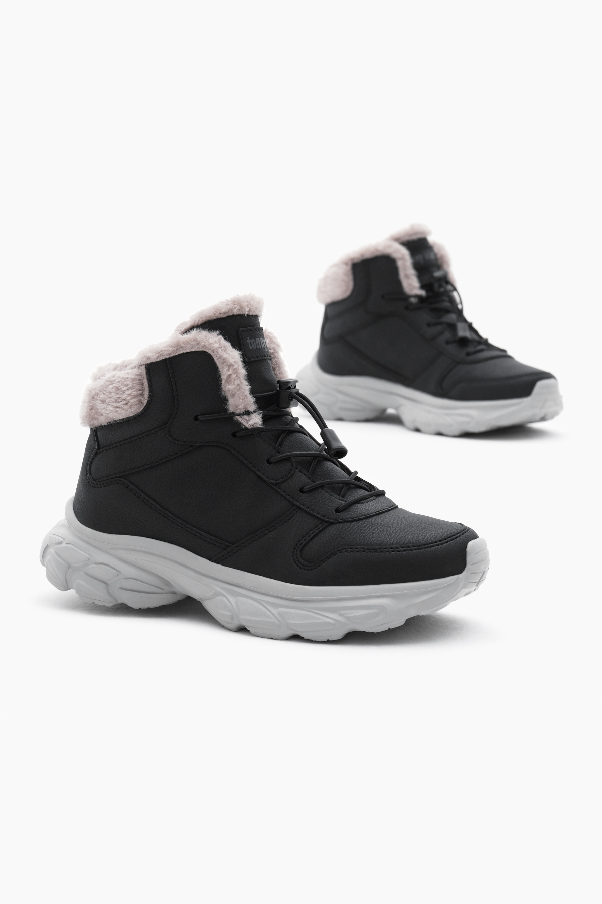 Çocuk Unisex Siyah Faylon Taban İçi Kürklü Lastik Bağcıklı Bot - Görsel 5