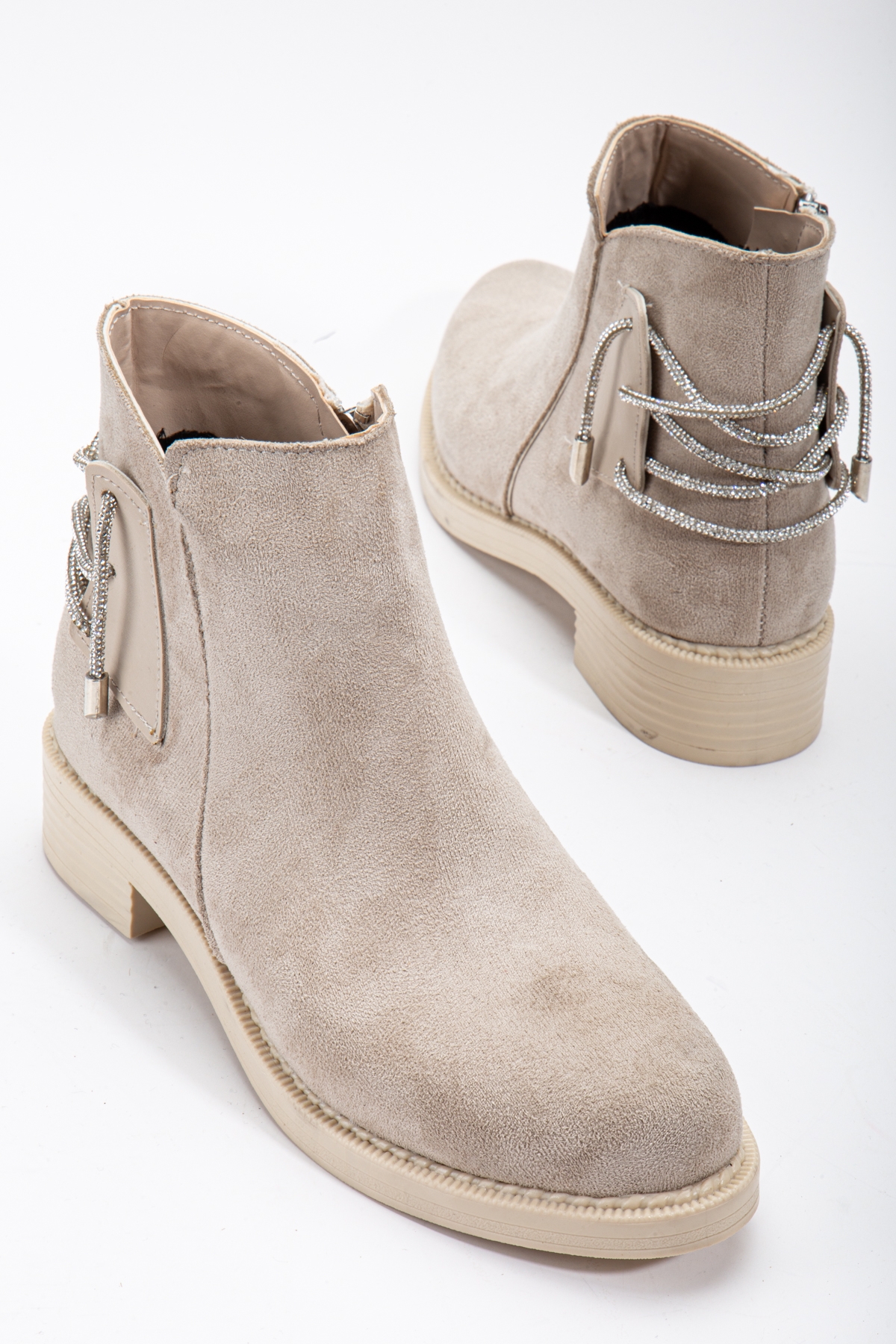 Kadın Ten Süet Termo Taban Arkası Taşlı İp Geçişli Fermuarlı Kısa Topuklu Bot - Görsel 2