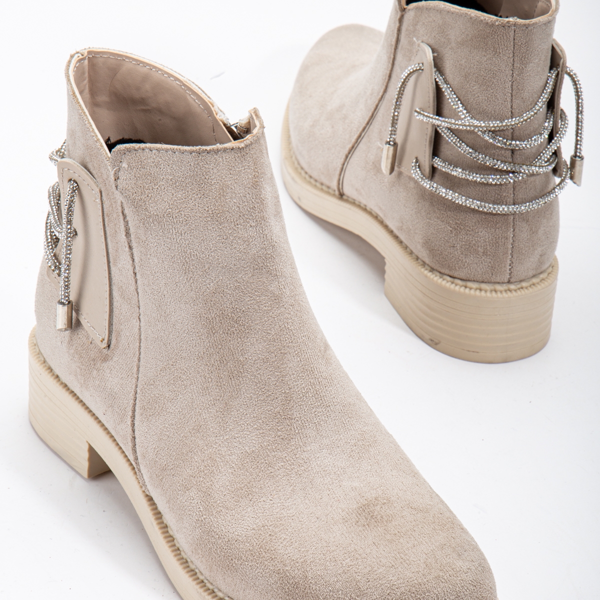 Tonny BlackKadın Ten Süet Termo Taban Arkası Taşlı İp Geçişli Fermuarlı Kısa Topuklu Bot